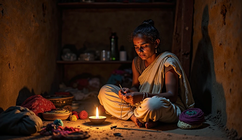Madhav's wife is pregnant and she is lying inside hut. She is creaming, sweating and crying in labour pain. She is alone in the hut. There is a little lamp buring in the corner.