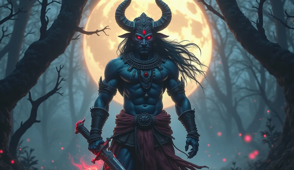 1 Badass legendary India Demon Stand in front of Ancient Palace ,((Night Lighting)), ((full moon)), detailed face, Dark Fantasy Theme,