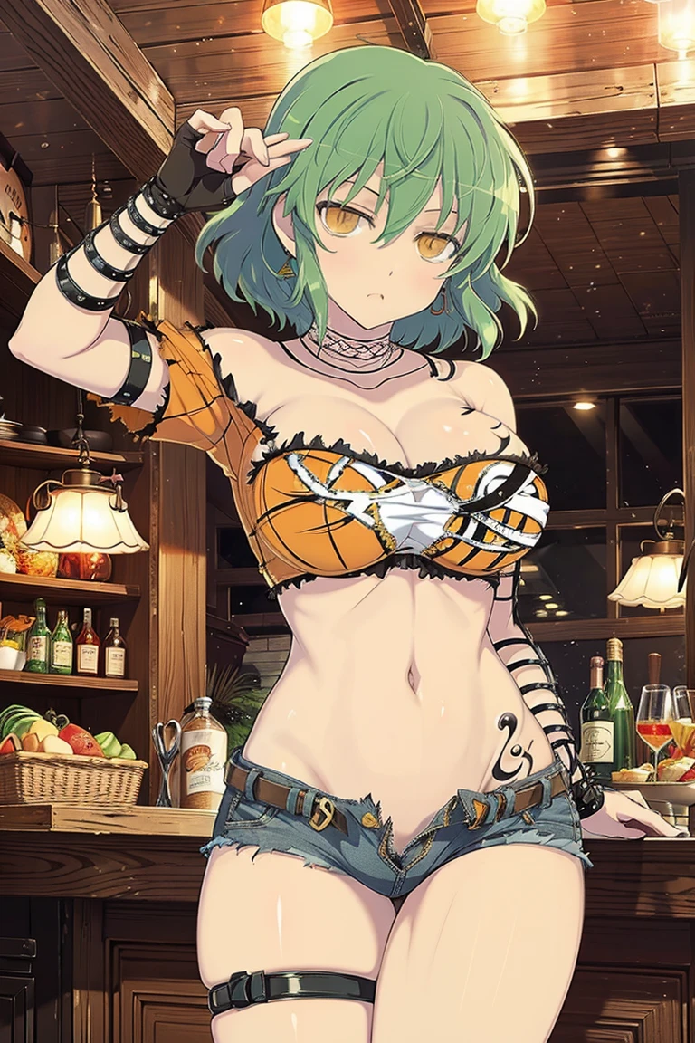 hand between legs,looking ahead,paw pose,large breasts, (micro bikini:1.5),1girl, cowboy shot, beautiful zenin_maki,ponytail,glasses,bangs,green hair,brown eyes, medium breasted, cowboy shot, indoors, stereoscopic lighting, top quality, masterpiece, intricate details, Tone Mapping, Sharp Focus, Hyper Detail, Trending in Artstation,bikini,embarrassed,blush,from side