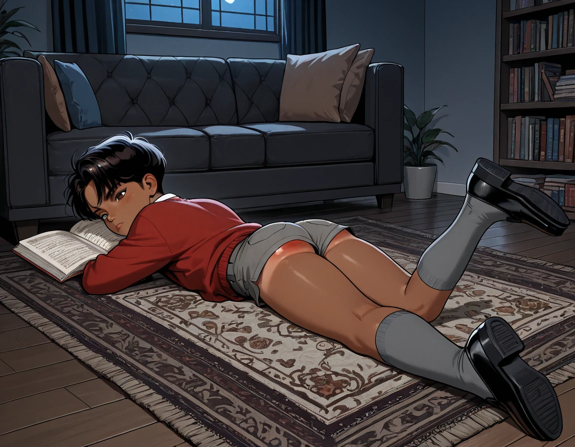 Elena from street fighter, in white tanktop and white cotton panties, lying in bed, in bedroom, Dan Hibiki doll next to her, comic book art style, intricate details