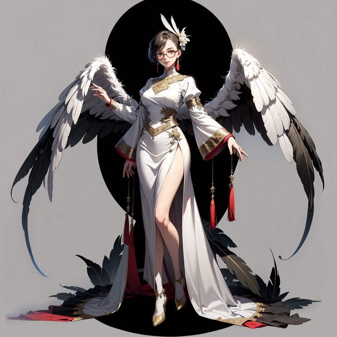 ((best quality)), ((masterpiece)), (detailed), perfect face, ((best quality)), ((masterpiece)), (detailed), perfect face(Golden ratio:1.2),(Fault color:1.3),[(White background:1.4)::10], (full bodyesbian:1.2),(Ultra-detailed:1.3), （white color background）white background, plain background (colorful ink paper flower grow on the face:1.2), teens girl，White hair，Red glowing eyes, photorealestic,（（（Red and white trench coat））），（Red scarf)，a black pleated skirt，black t-shirts，longer sleeves，（（With a hood）），((Multiple pairs of angel wings))，side-lighting, NSFW, Depicting female characters from ethereal anime in a high-quality anime art style，，，8K，Red and white shoes with a sense of technology，(chaotic geometric images:1.3),(nagative space:0.8),(Drawing board:1.3), (ether colorful ink flowing:1.3), a knight, white background, plain background, Bloodborne inspired, tatty Bloodborne attire, occult aesthetic, occult, tatty red and white clothing detailed and intricate steampunk and detailed gothic lolita (with a hood), long coat, Complex laced boots, Fluttering lace flared long knee length dress with frilly petticoats, long dress, knee length dress, pleated petticoats, lolita dress, petticoats gothic lolita, beautiful small breasts, (((( Highly detailed face))), small thin nose, Small thin lips mouth, (((Very sharp focused eyes))), Very large slit precision pale grey eyes that shine like jewels. very long eyelashes, Silver hair swaying in the wind, Emitting a dazzling light in a mandala pattern, white background, Very dramatic and cinematic lighting, tatty damaged old red and white clothing, full body, whole body, body, cosmic horror, grim dark