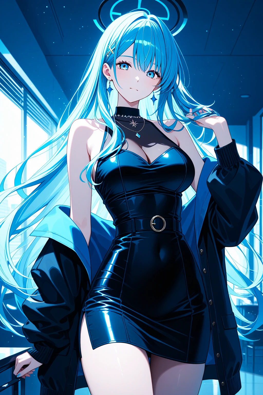 handsome older WOMAN,blue-eyes,blue pupils,Long blue hair,Hyperresolution,accuracy,Detailed rendering,(Subtle facial image)(Image of fine hair)(topquality)(Masterpieces of masters)(High degree of completeness)(A sense of atmosphere)tmasterpiece,Super detailed and super detailed(half-body portrait), long wavy blue hair, (((tHICK WAVY HAIR)))(((ANKLE LENGTH HAIR)))(((Blushing)))(((Huge breasts)))(((LARGER BREASTS))) large breasts, bigger breasts (((Bigger breasts))) (((Blushing))) (((Sakimichan))) (((blue hair))) (((black Rockstar outfit))) (((Leather black outfit))) (((Rockstar)))(((Fishnet tights)))(((cASUAL ROCK OUTFIT))) (((gRUNGE OUTFIT))) (((rOCK MAKEUP))) (((sINGING))) (((bLACK LEATHER OUTFIT))) (((bLACK EYELINER)))(((Fierce expression))) (((Focused))) (((Hair in a long ponytail))) (((Ponytail))) (((Sexy latex outfit)))(((Elf ears)))