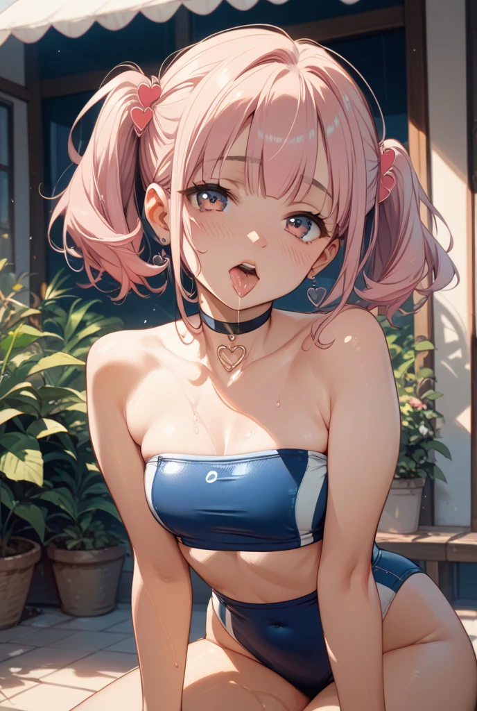nsfw, masterpiece, 1 girl, erect nipples, intricately detailed, topless, navel, denim hotpants, bare shoulders, necklace, visor hat, pool, outdoors, headset, citypop, erect nipples, puffy nipples, extremely detailed, photorealistic, octane render, 8 k, unreal engine, bare breasts, nipples, bare stomach, sweaty, people on background, moist breath, small breasts, flat chests, child, smiling, leaning forward, collarbone, wet body, saliva, drooling, pink hair, ray of lights, summer, nipple-piercing, poolside, nipple chain
