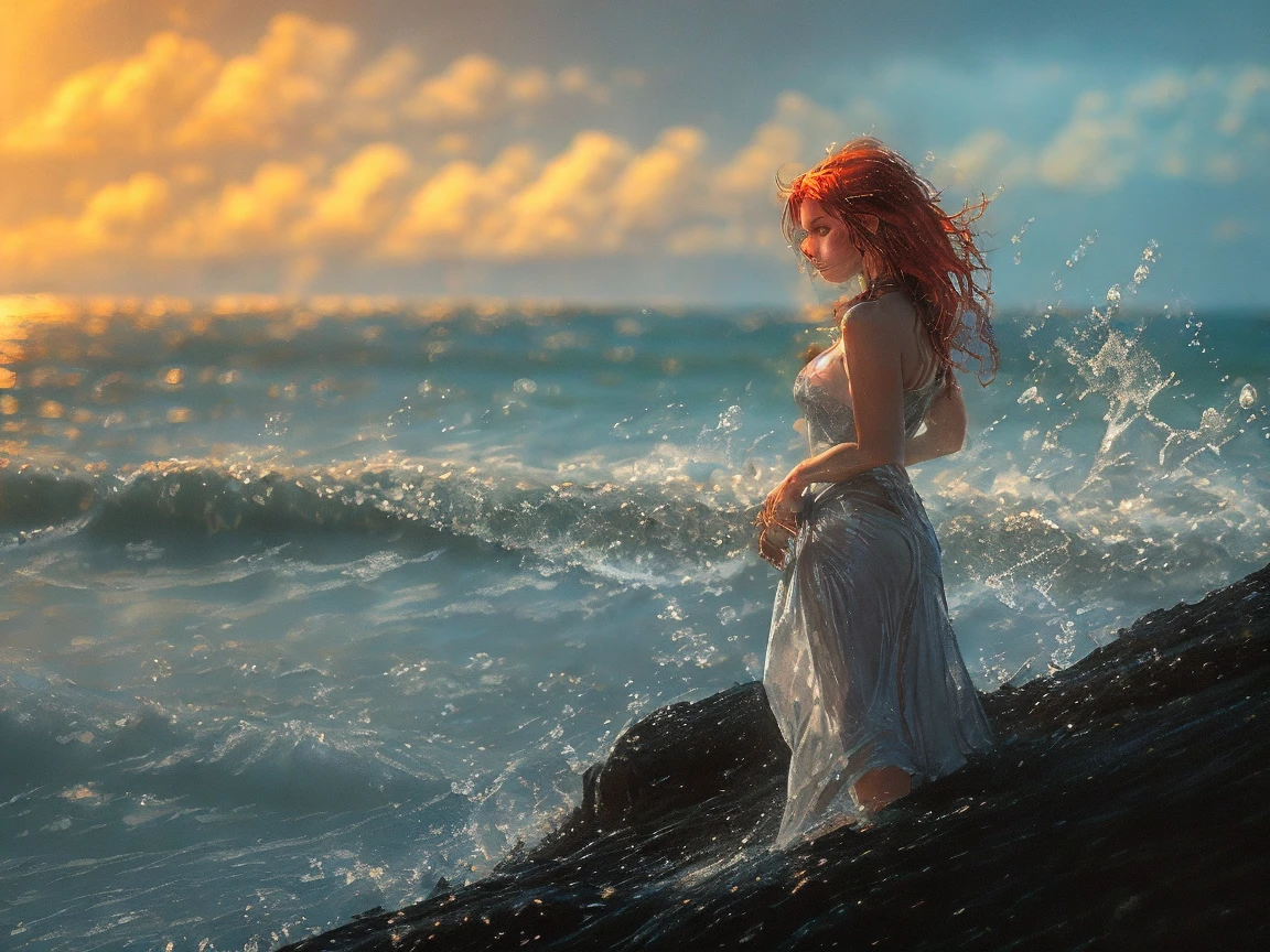 arafed high details, best quality, 8k, [ultra detailed], masterpiece, best quality, (extremely detailed), dynamic angle, ultra wide shot, photorealistic, a picture of a very beautiful woman standing at the beach watching the stormy sea with  waves (intense details, Masterpiece, best quality: 1.5) , during a rain storm (intense details, Masterpiece, best quality: 1.5), a very beautiful woman (intense details, Masterpiece, best quality: 1.6), red headed woman (intense details, Masterpiece, best quality: 1.5), wearing red bathing suit (intense details, Masterpiece, best quality: 1.5), ultra detailed face (intense details, Masterpiece, best quality: 1.6), dynamic eyes, long hair, wavy hair, standing at the beach  during a rain storm (intense details, Masterpiece, best quality: 1.5), rain clouds, rain (intense details, Masterpiece, best quality: 1.5), stormy sea background,