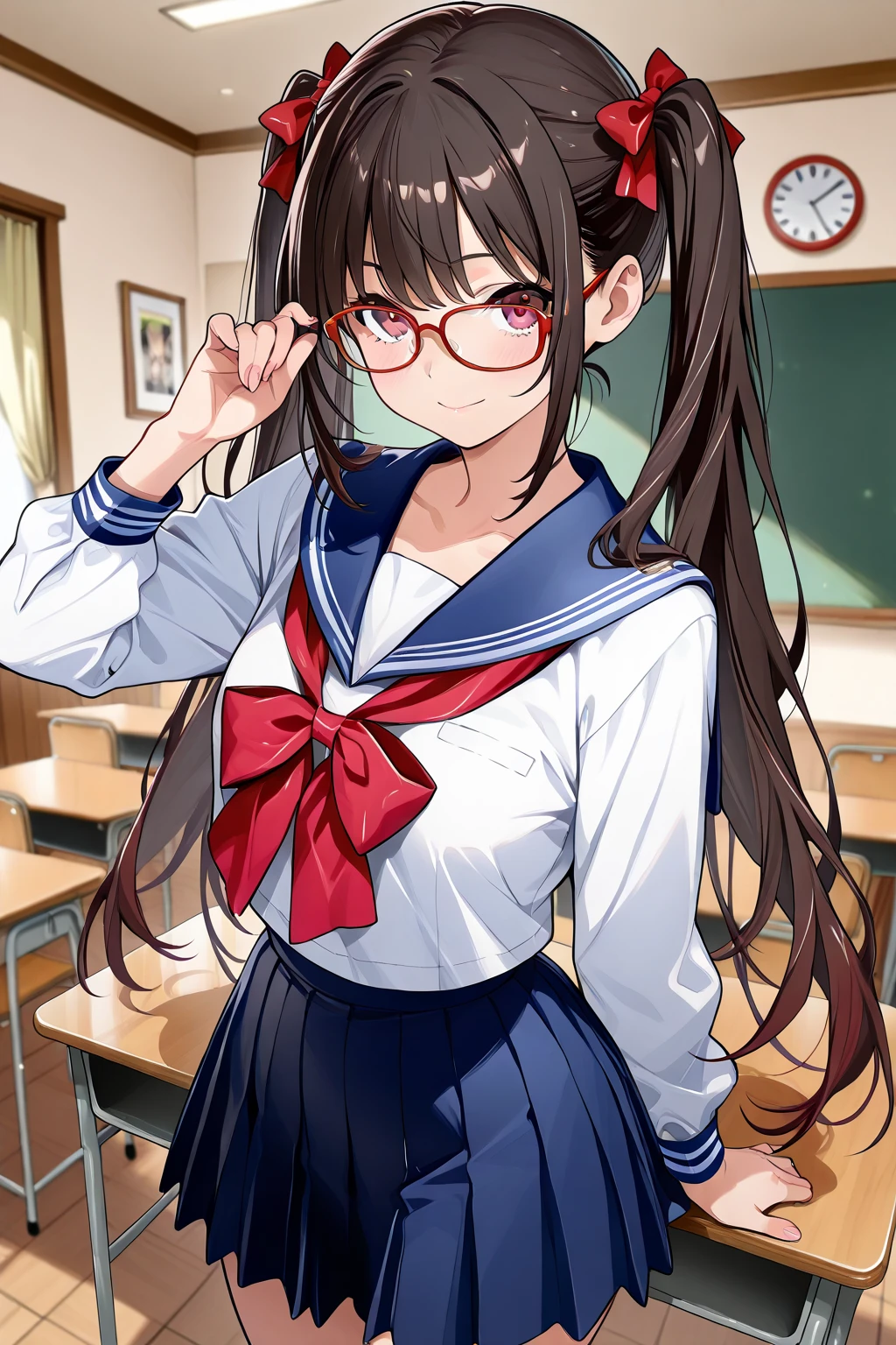 1girl, teen (white sailor-fuku, short sleeve, deep blue collar, deep blue skirt, red neckerchief:1.5) BREAK (cute,sweet,tareme,red glasses,big eyes,black hair:1.4) (smile:1.2) long hair, straight hear, bangs pinned back, short tall, cowboy shot (in classroom, hands behind back:1.5) (stand up:1.2) BREAK japanese, japanese idol, black eyes (best quality, ultra high res, Realistic, RAW photo, real person, portrait photography, photorealistic, detailed skin, fair skin, beautiful detailed eyes) <lora:neg4all_bdsqlsz_xl_V7:0.8>