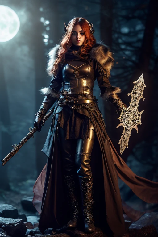 Masterpieces, female, red glowing eyes, long red hair, pale skin, vampire thrall, fantasy dark souls vampire demon, (wearing revealing frock coat, black, red and silver color scheme), (wielding a sword), (action shot: feral snarl), standing in a dead forest, Full red moon. Full body shot, cinematic shot, volumetric lighting, intricate pattern detail, highly detailed