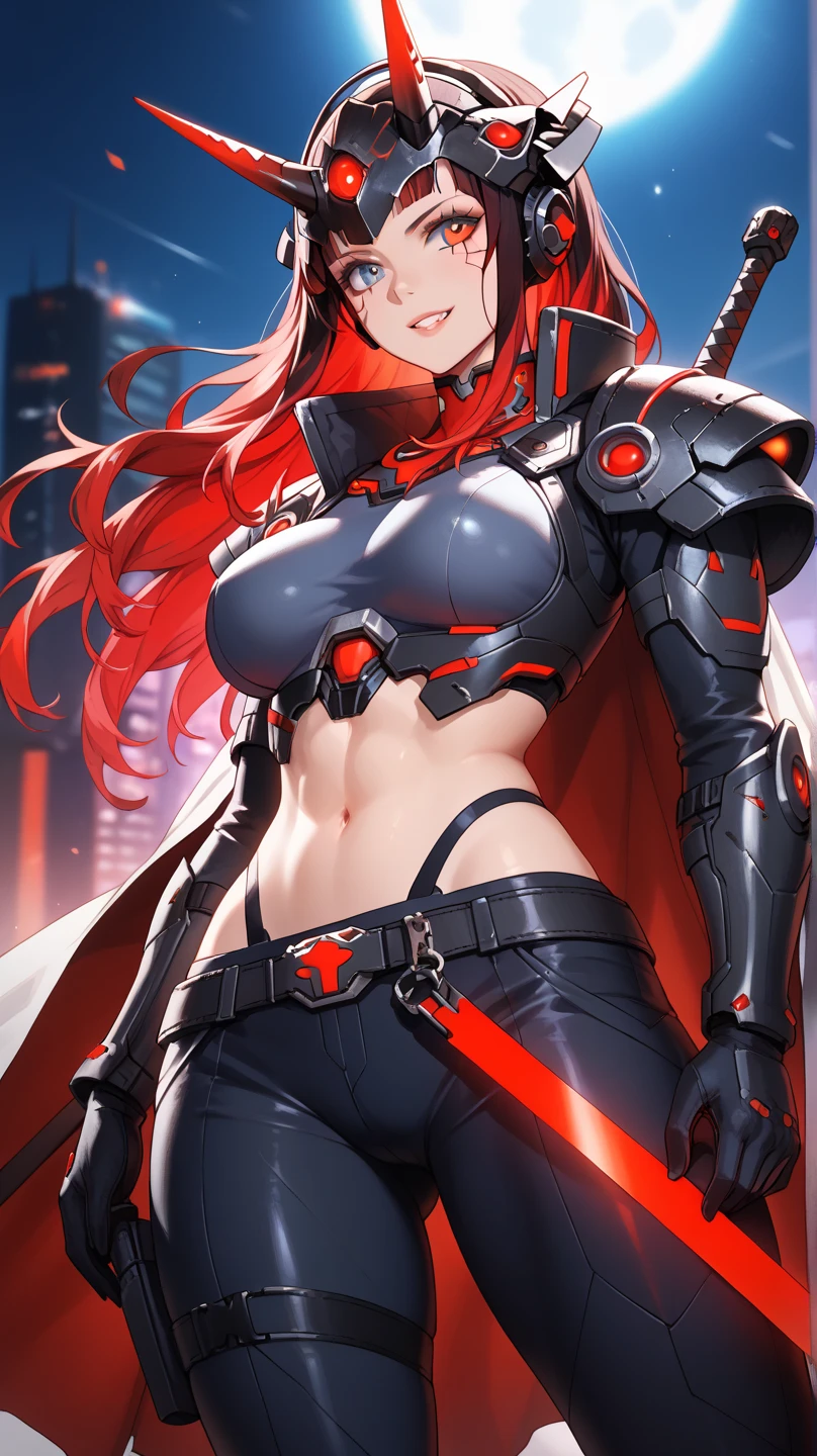 (best quality, masterpiece, anime) (solo) ((black hair:1.8), (hair with red highlights:1.7), (very long hair, single ponytail)), ((heterochromia_eyes_red_and_grey:1.4)), thick thighs, huge breasts, muscular, athletic, (cyborg:1.5), (robot arms:1.4), (robot legs:1.4), ((highcut leotard:1.8), one-piece, red_black_outift:1.3,) cleavage)), (jacket:1.3), (headgear, horn-like devices), toned body, 1 woman, (age 26), ((holding sword:1.6, katana, glowing)), beautiful, sexy, first rate body, (Lucia_Crimson_Weave:1.4), Lucia