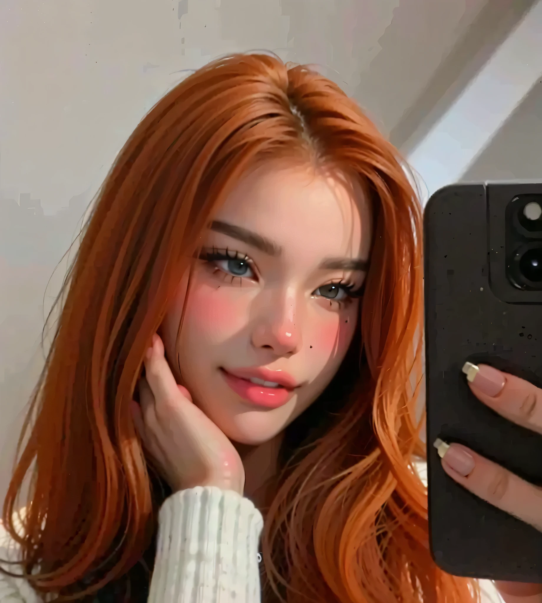 Selfie red haired Korean woman smiling