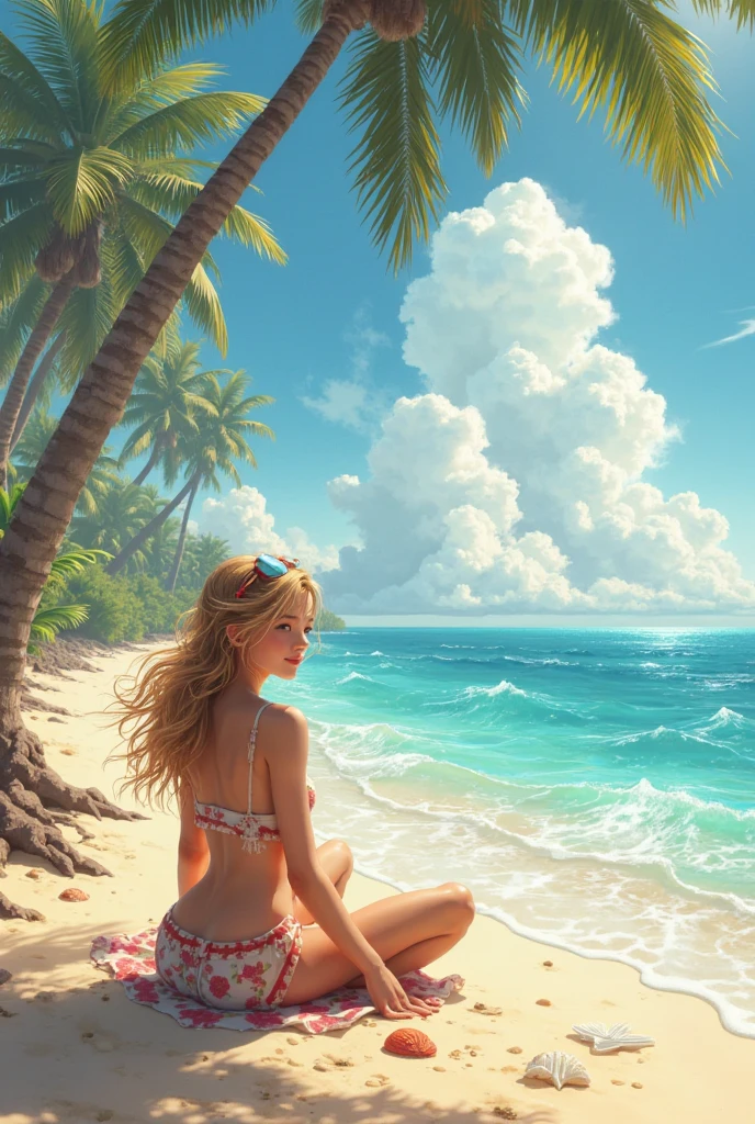 (ultra-detailed, best quality, masterpiece), beach, tropical, sunset, glowing, dynamic waves, (1girl), bikini, long hair, (sunglasses:1.3), (sand castle:0.9), palm trees, (seagulls:1.2), (sea turtle:1.2), (coral reef:1.3)