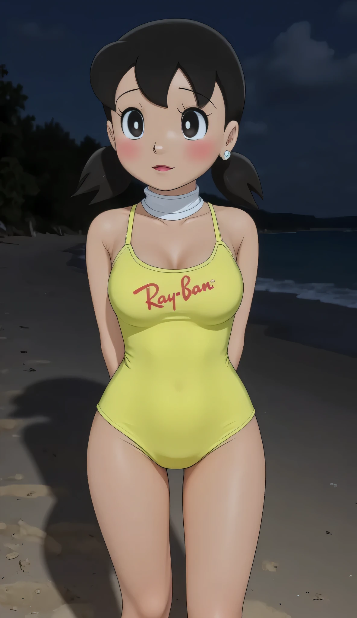 Small cute Front posing, Wearing LACE Scarf neck tie, Front posing, SUPER SKINNY, (Thighs and calves small muscles), (((MOODY FACE EXPRESSION))), wearing Scoop Neck Sleeveless 'RayBan logo brand print' neon yellow Bodysuits singlet swimsuit, (KEDUA BELAH TANGAN DILETAK DIBELAKANG PUNGGUNG) PLEASE DON'T PUT ANYTHING ROPE!!!, THIGHS OPEN WIDE,
THIN SKINNY HIJAB INDO MALAY (Singlet ), 1 girl, 'MOODY FACE EXPRESSION', Half body portrait, (face details: 1), (Eye details: 1), ((Big breasts)). ultra high res. realistic: 1.4, UHD, (((dark background))), Background Di tepi pantai senja black hair pig tail style long straight,