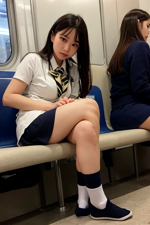 Japanese women,high quality, 32K Full HD,Live-action adaptation,Muscularなリアルな顔,Huge breasts, Realistic texture,16 years old,alone,Muscular,high school girl.miniスカート,uniform,shirt,check,mini,tie,Audience,Front view,in the train,Squat down and spread your legs,Raise your arms behind your head,Sticking out tongue