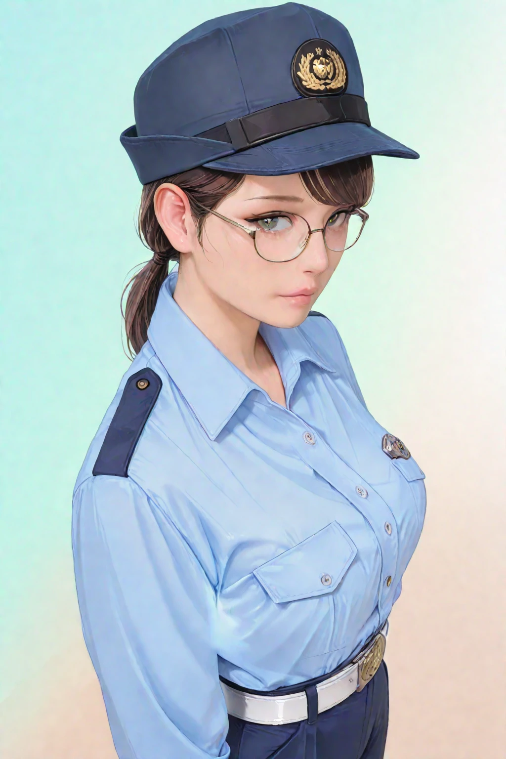 Wide angle, a pretty girl messenger, wearing large glasses, undercut hair, wearing sexy postal uniform, in a post-apocalyptic world