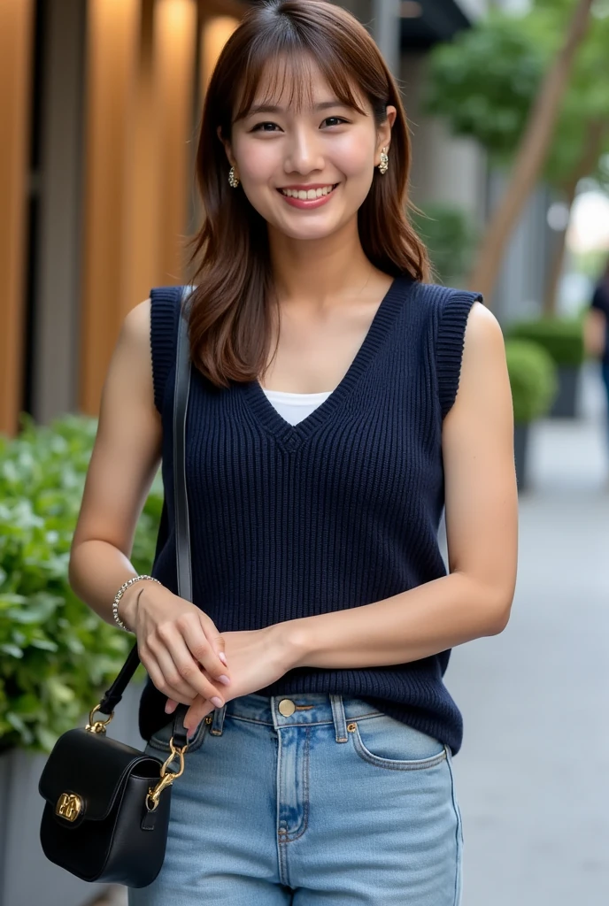 Hmph:1.2,City park in the evening、On the asphalt、32k、Best image quality、Ochre sleeveless knit dress、Feels cheap、No bra、panties、The body line is clear、、((Browsing Caution:1,.))、Smile、(Bob Hair)、moderate body:1.3、Ample boobs:1.3、height: 157cm,Japanese people of unparalleled beauty、Beautiful Face、High heels、Bracelet in right hand、((Aya Ueto1.5))、((Panty pull)),((Skirt flip,No pants))、