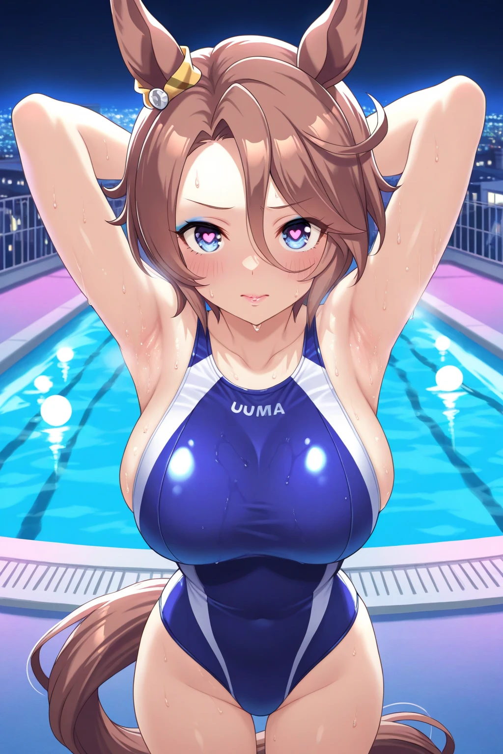camel toe:1.4、erect nipples、(Sweat)、(vapor)､(((long gloves:1.3)))、brown loafers、black calf length socks、Open your thighs wide to the left and right､Squat on the ground、show off your crotch to the viewer, ((latex competitive swimsuit:1.3、High leg、squat, spread your legs:1.3, arm behind head ))、12 years old、absurd、Brown Hair、ponytail、flat lighting、elevation angle、sexy pose、highest quality、Complex、surreal、perspective, very detailed, detailed background, shape、1 girl、alone、big breasts、light smile, embarrassing, blush, ((outdoor poolside)), 
