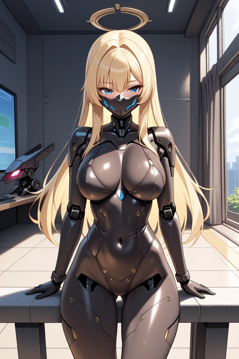 masterpiece, best quality, agrias, black leotard, looking at viewer, blonde hair, superhero, bare legs, eigth-man costume, boots, standing