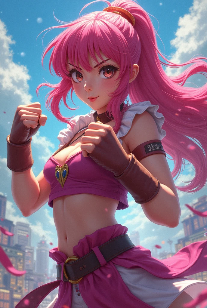 ((Best Quality, 8K, Masterpiece: 1.3)), (Fractal Art: 1.3), ((A Manon in line with Street Fighter 6 official, doing the opening action of the game)), Short pink shiny hair, (Manon wearing a Street Fighter 6 costume), European French, supermodel_body and face, 30 years old, mature, detailed face, detailed skin texture, angular face, (long eyes: 1.2, large eyes, Obvious eyelids, long eyelashes), feminine expression, confident expression, long legs, perfect body proportions, medium chest, (fitness body, with obvious muscles), pink nails, perfect facial features, symmetrical face, high nose bridge, three-dimensional, full of confident eyes shining, best light, ray tracing, photon mapping, (in the distance is the Eiffel Tower, walking the red carpet in front of the palace, like a star shooting magazine, the focus of the whole scene, there are super many reporters on both sides of the red carpet to take photos, night, night, lively lights), official illustrations, Game character CG, (texture of fine clothes), (shot with a DSLR camera from a distance, shooting angle from top to bottom), complex reflections, the blingbling golden and sliver glitter on the body: 1.6, shiny powder shining because of reflection Very dazzling, light particles, sharp)