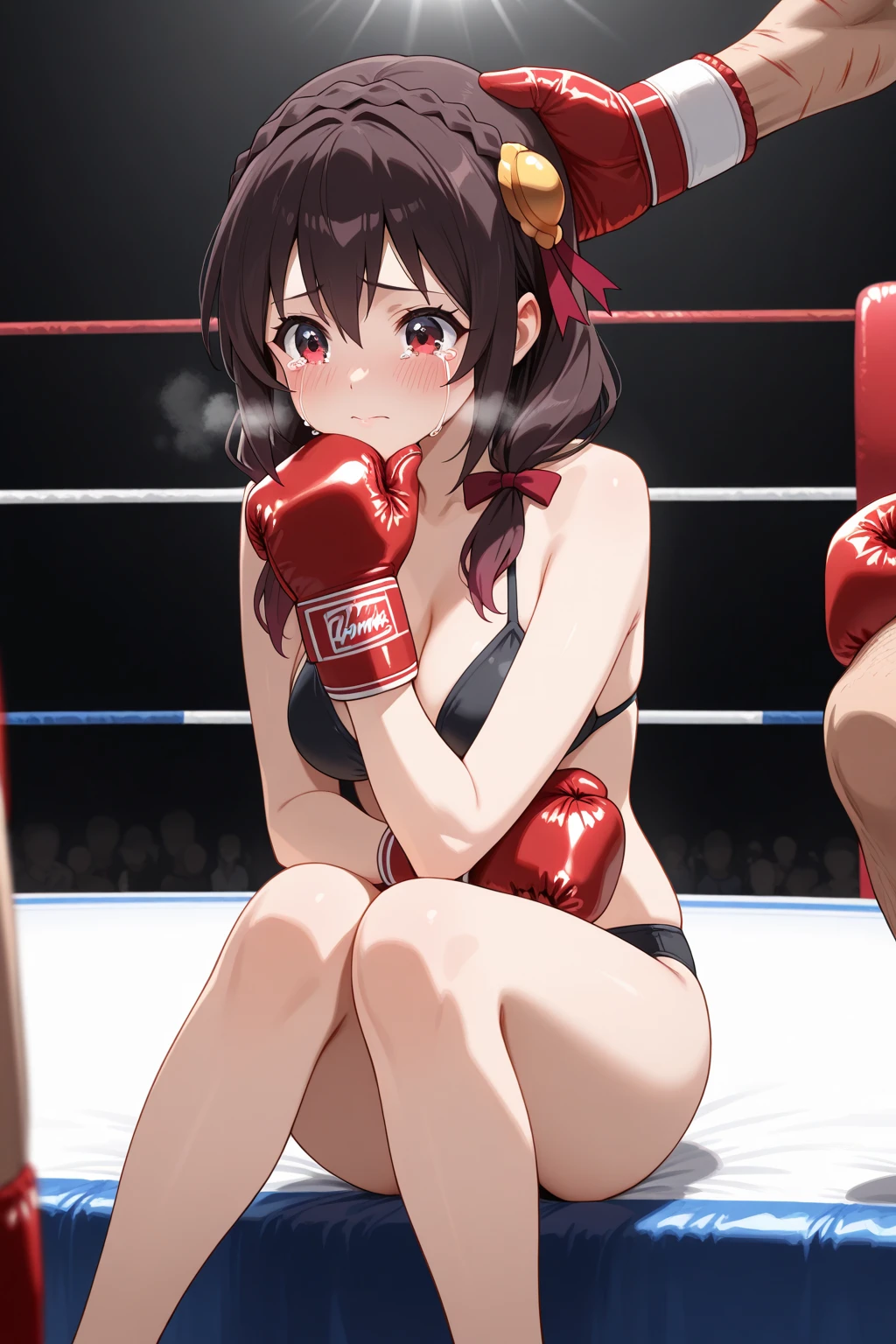 full body photographed、​masterpiece、top-quality、hight resolution、short-hair、weak、High leg cut swimsuit、white sporty boots、Sweaty skin、Professional wrestling venues、professional wrestling、（（On the ring of professional wrestling：1.1））、Red face、30yo mature woman,（(on stomach：1.2））、 Crying、Scream、Mouth open、knockout、syncope、vomiting、anguished expression、agony、steam、（saggy tits:1.2）