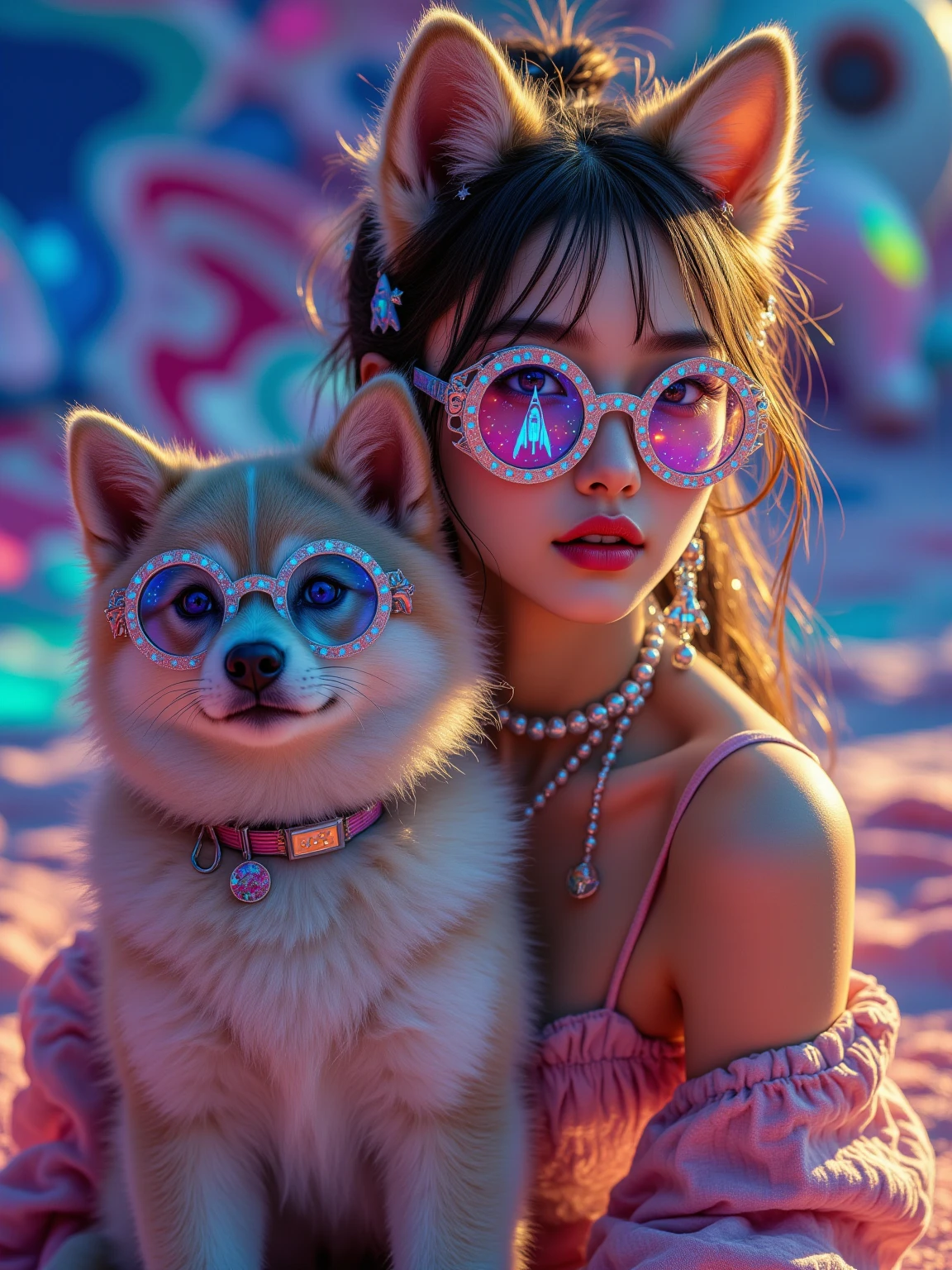 realistis 4d anak gadis kulit realistis rambut hitam yang mengenakan jaket berbulu tebal warna kuning biru, sepatu pink, rok merah kotak kotak, duduk di jalan kota pada malam hari. Anak tersebut harus memakai headphone, memegang boneka anjing besar dengan dua tangan. Latar belakang harus cerah dengan lampu kota yang buram, memberikan suasana dinamis dan penuh warna pada pemandangan. kuwalitas gambar super detail,