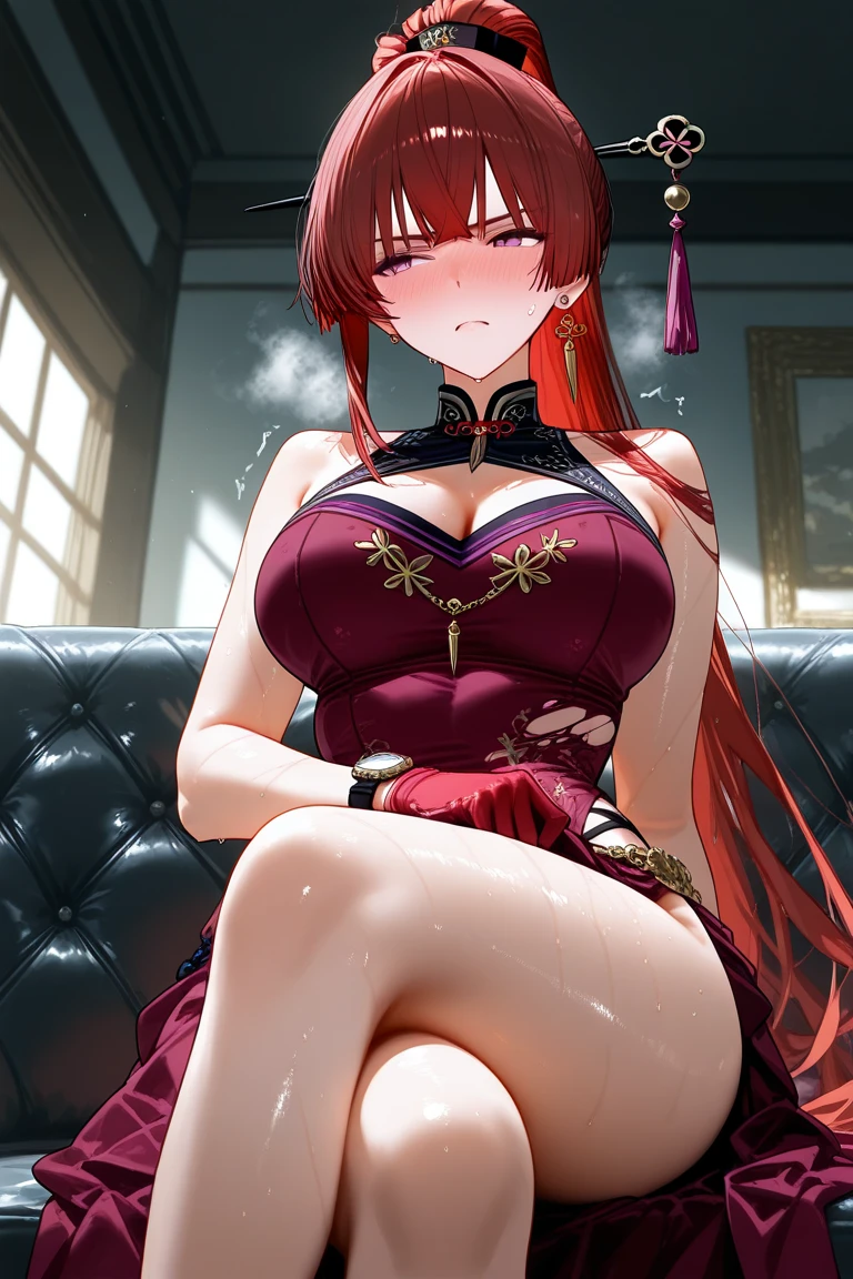 highest quality、red hair woman、straight hair woman、Slender beauty、1 female、(big breasted woman:1.3)、Bunny girl、(赤色のBunny girlレオタードを着た女性)、(woman wearing brown pantyhose:)、big smile、casino、slot、poker table、roulette、A woman sitting on a luxurious black sofa
