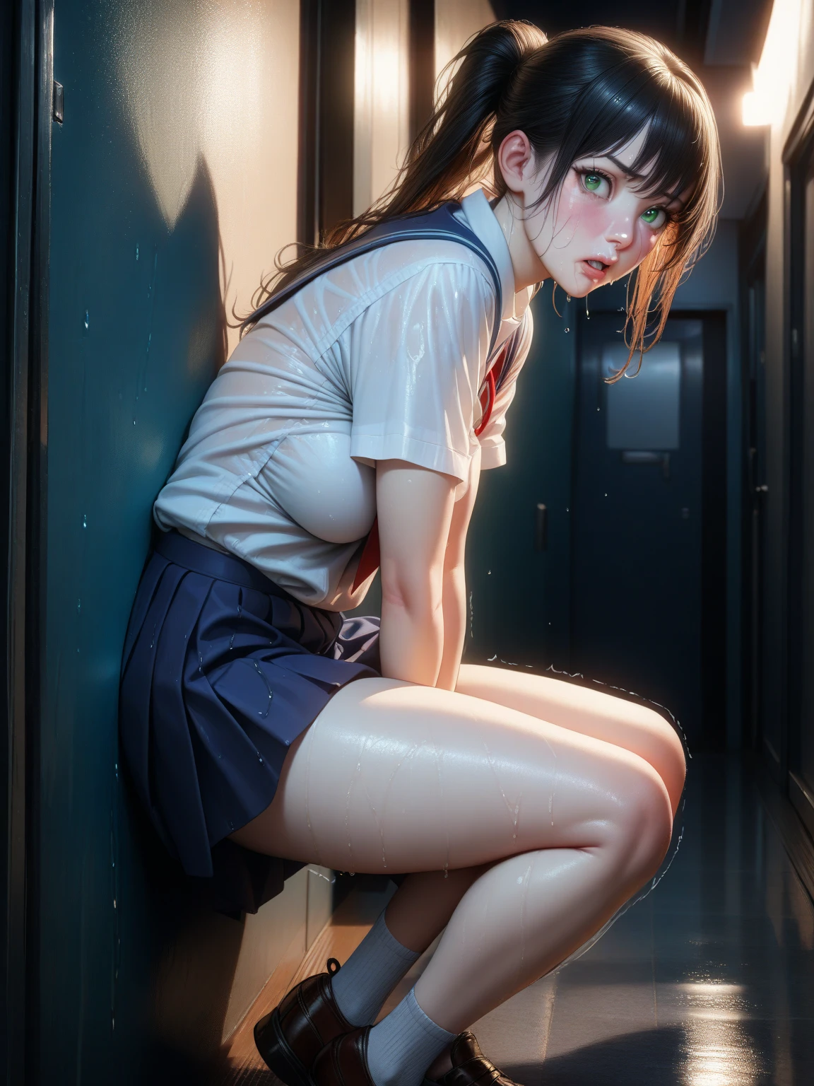 (masterpiece, best quality:1.2), a hyperrealistic , solo, 1girl, yukinoshita yukino, (shiny skin, wet skin:1.2), sweating, slight smile, looking at viewer, on all fours, , white shirt, plaid skirt, thighhighs, afternoon, classroom hyperrealistic , sultry look, seductive,