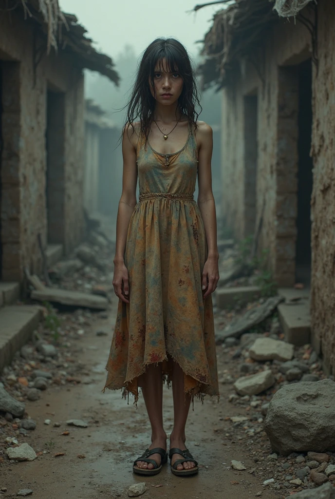 Woman in a dress standing in a dirty area, inspired by Katia Chausheva, photography alexei gurylev, tattered dress, portrait of a sinister girl, post-grunge portrait, photography alexei kurylev, gloomy apocalyptic style, dirty woman, dark and grimy, impressive and moody, dark and gritty