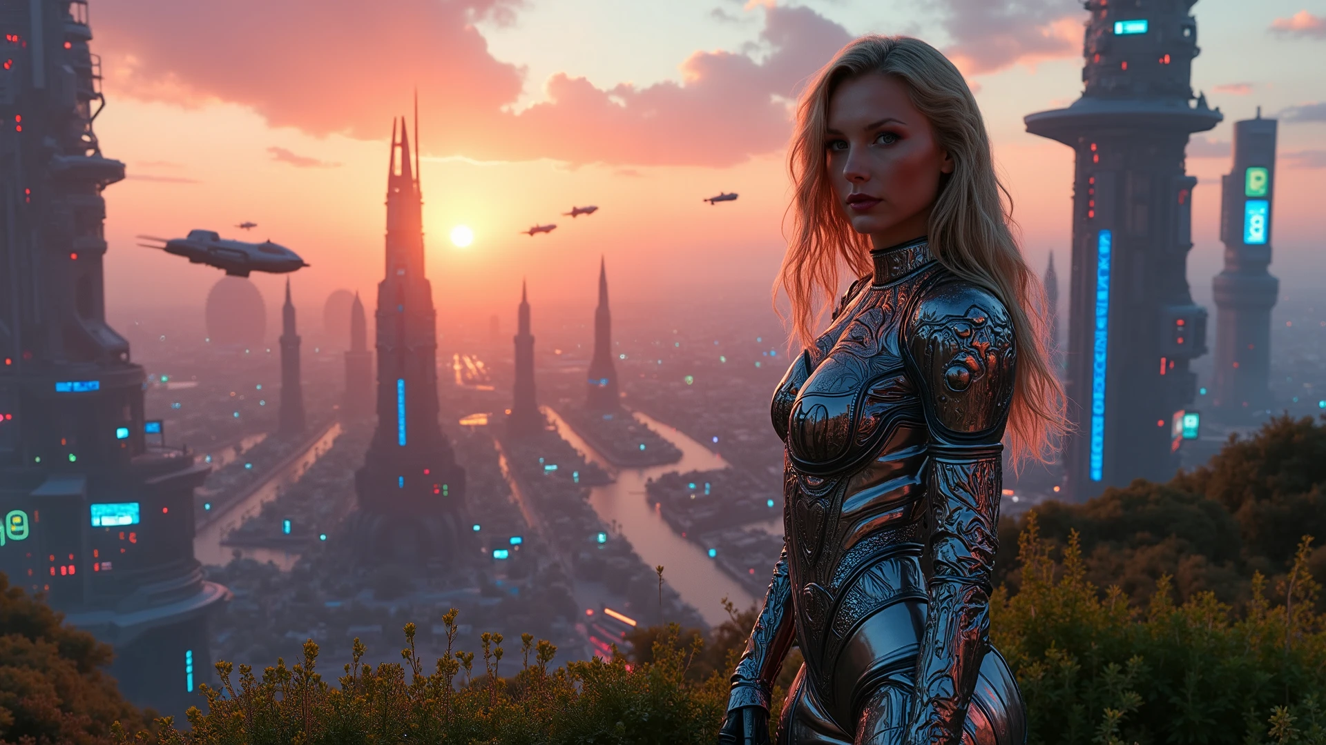 Incredible fantasy city, mega skyscrapers, flying cars, space elevator towers, Super Detail, trees, flowers, Many different buildings, spaceships in the sky, Ultra detail, many elements, blue and gold, yellow numbers on the towers, Character incredibly beautiful girl, full length, stands on the balcony, leash around the neck, , submission, disturbance, , Incredibly beautiful face, very detailed face, Detailed eyes, detailed hair, Expensive earrings, nipple piercing, diamonds, Emeralds, Rubies, turquoise, correct anatomy, red lace dress, skinny body, Super Detail тела, many small details of the dress, Incredible fantasy city, mega skyscrapers, flying cars, space elevator towers, Super Detail, trees, flowers, Many different buildings, spaceships in the sky, Ultra detail, many elements, blue and gold, yellow numbers on buildings, straight and smooth lines, Street, evening, A lot of cars, sharp lines, contrast, City River, water fall, trees по берегу, fault in the earth's crust, deep crevice, You can't see the ground, Very high, helicopter landing pads, interceptor hangars.