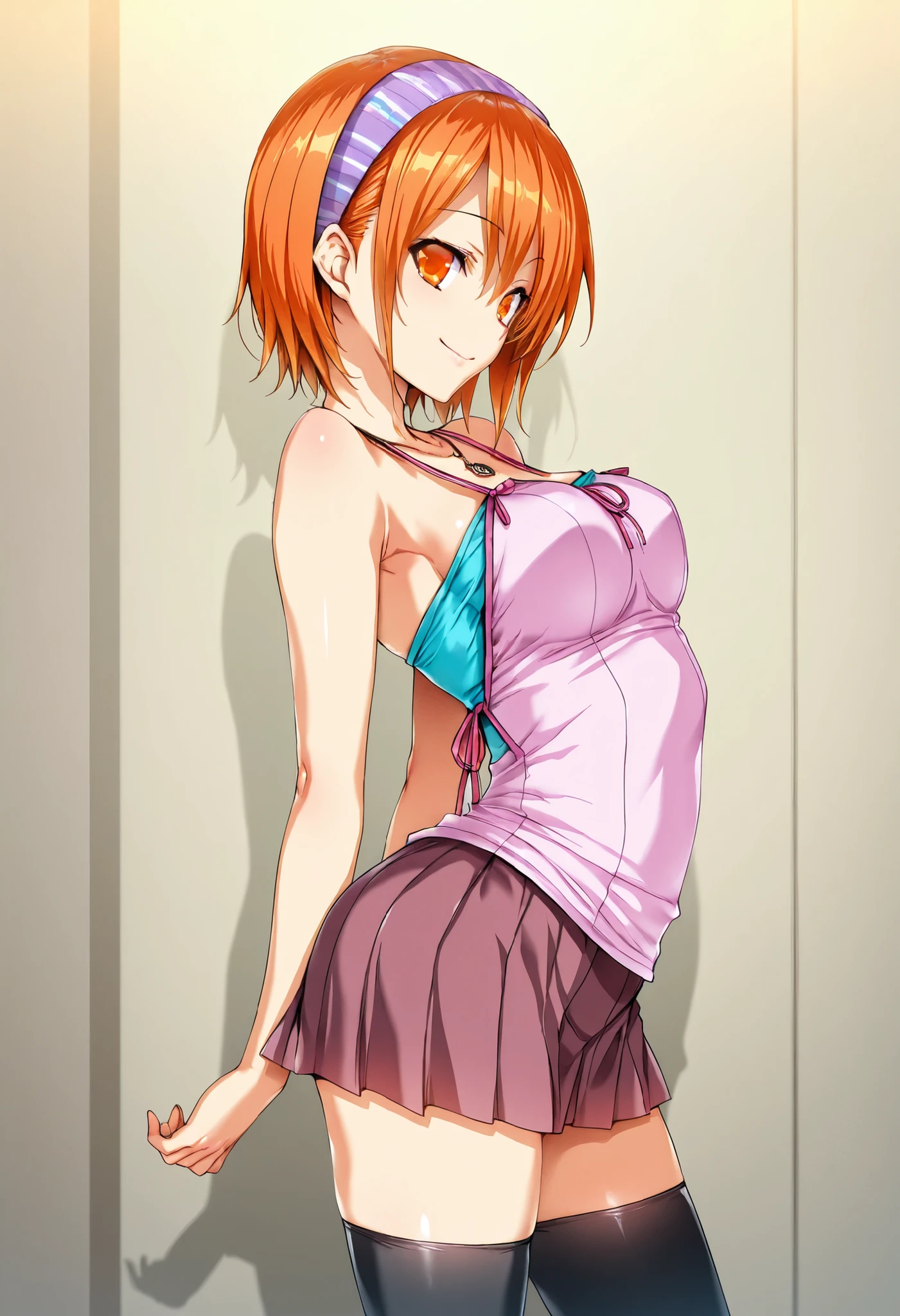 Masterpiece, best quality, hisasi,standing, cowboy shot,yuzudesu, orange hair, orange eyes, short hair, hairband,camisole, tube top, necklace, black thighhighs, skirt,zettai_ryouiki, front view, looking at viewer,arched back,solo, smile