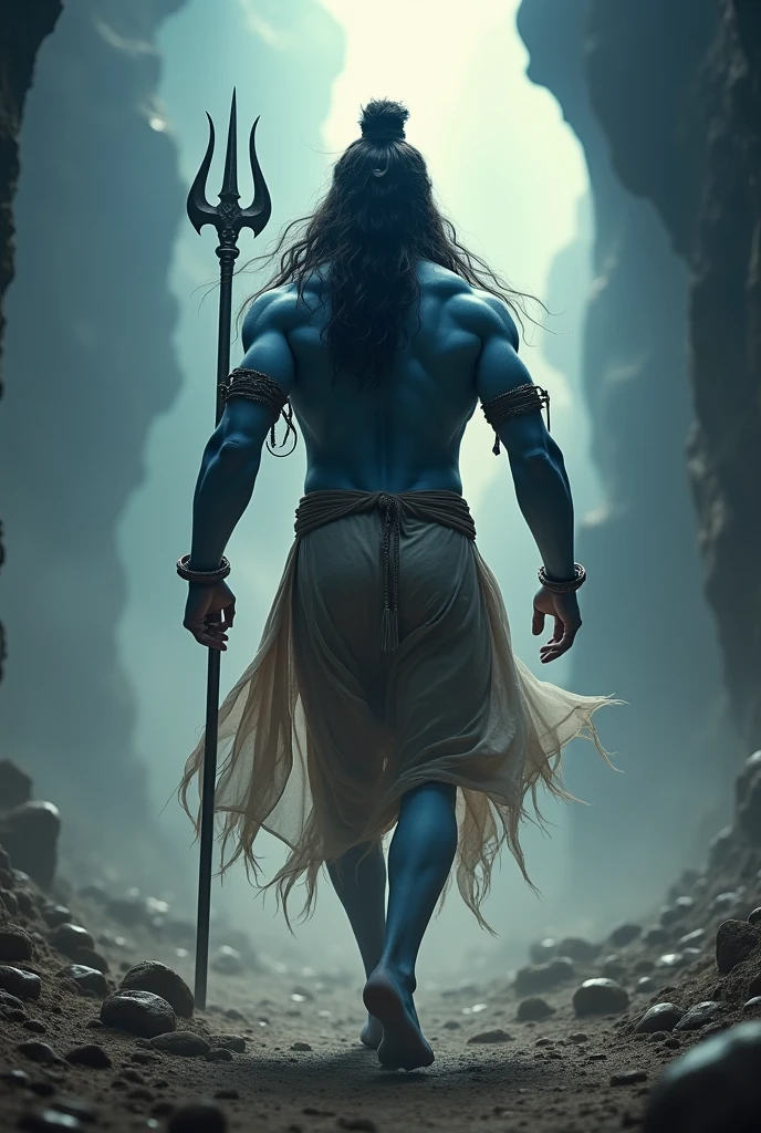Back view of lord shiva walking by catching tryshul in hand 