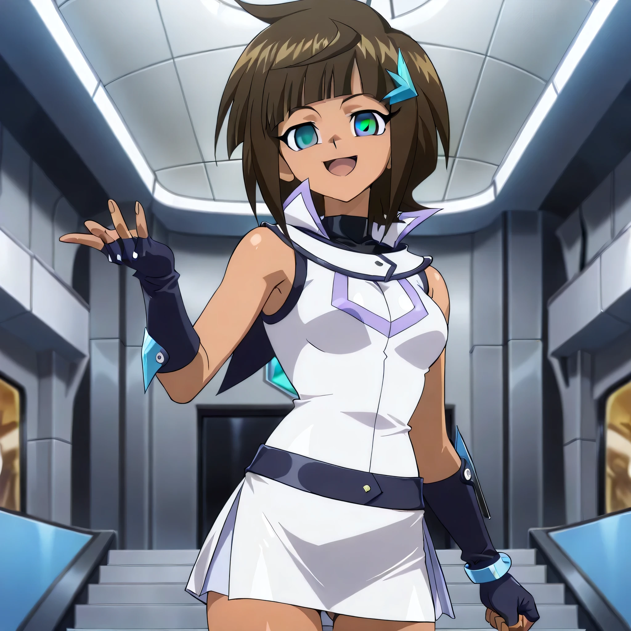 (((Masterpiece))), (((Best Quality))), ((Super Detail)), ultra-High resolution, score_9,score_8_up,score_7_up,score_6_up,score_5_up,score_4_up, BREAK, source_anime, anime screencap, uncensored, rating_explicit, Masterpiece, (absurdres), (detailed background), (very aesthetic), detailed beautiful eyes, outstanding, an exquisite animation illustration, curvy, highres, dark persona, Society of light, sleeveless, white shirt, white skirt, blue gloves, duel academy uniform (yu-gi-oh! gx), , (((solo, 1girl))), hair ornament, submissive pose,  pose, anime style, anime coloring, animification, megami magazine,  pose, small , kazamatsuri ren (shadowverse flame), short hair, brown hair, blue eyes, dark skin woman, blunt bangs, smile, empty eyes, blank eyes, open mouth, smile, shout, tilt head, school, indoor, futuristic,
