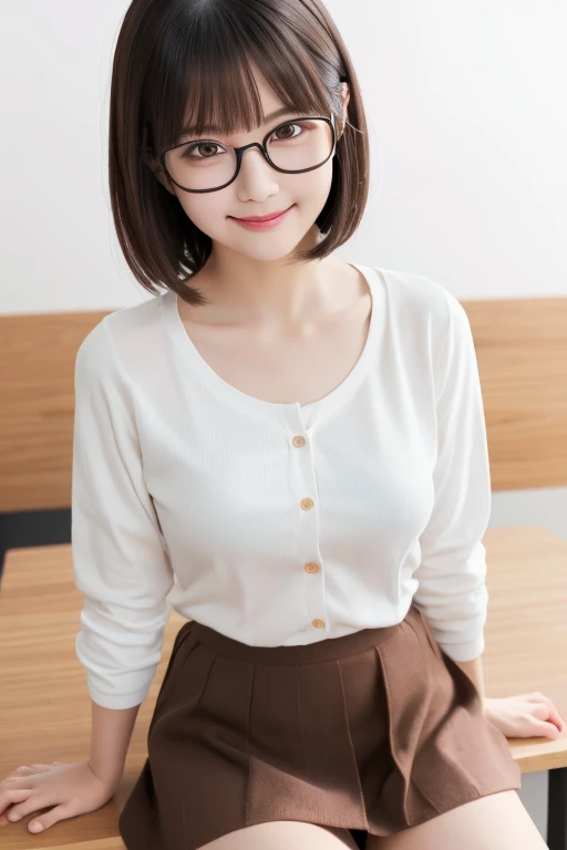 (Skin blemishes:1.2),1woman, 21 years old, (((woman))), (Skin Dentition), Gorgeous, solo, Realistic, Highest quality, Photorealistic, masterpiece, 8k, High resolution, solo, Highly detailed face, passport photo, Full Face, (Professional Lighting、Bokeh Depth of Field), (Particles of light、Lens flare、Luminous Particles:0.6)、(Dynamic Pose:1.2)、Soft lighting、View from above、Fashionable and trendy atmosphere、((Look at the viewers))、 (looking at the camera)、(Portrait:0.6)、standing、Face close-up、(Mid-breasted:1)、(Short Bob)、Brown haired、Floating Hair、nose、Lips、lipstick、Black-rimmed glasses、A seductive smile、White shirt、Long skirt、Wear a cardigan、Wear black glasses、Inside the room