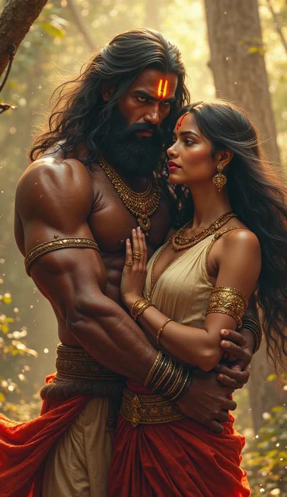 Big hairy muscular bearded Puerto Rican man, of pink cueca, with a beautiful woman.