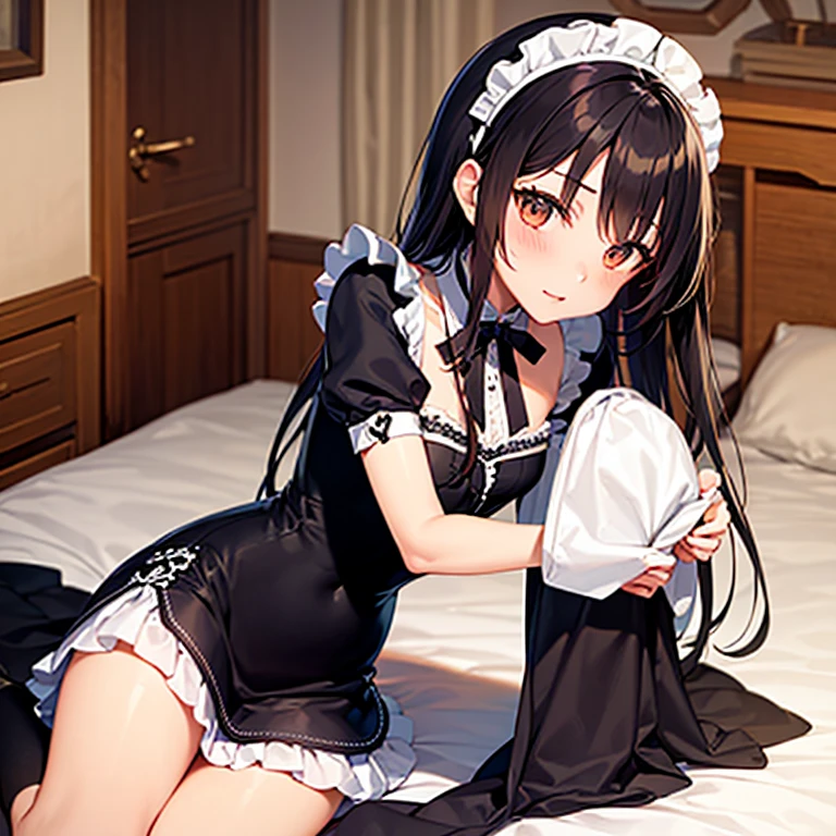 A maid, (in bedroom), various hair styles, night, details face, short skirt, seducing, sleeveless, maid uniform, armpits, laying on bed
