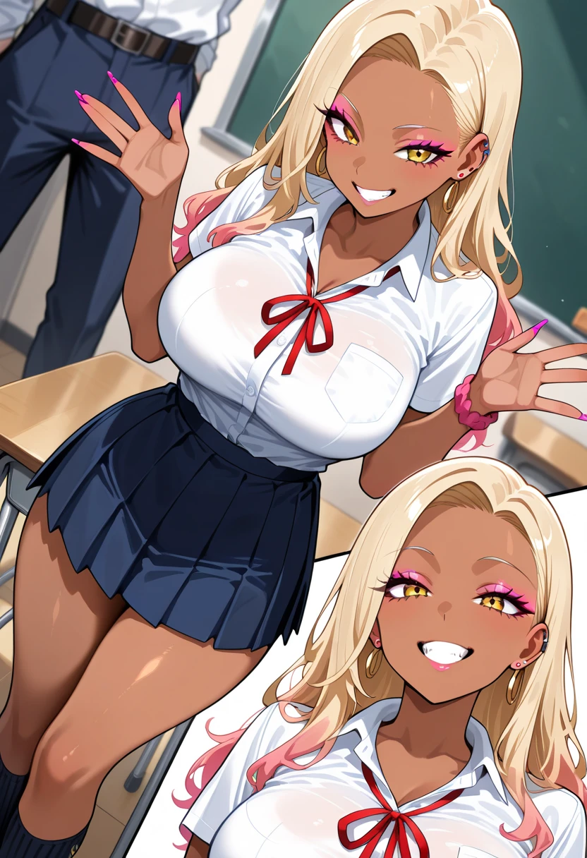 1 busty dark skinned girl having sex with 1 light skinned boy in a classroom while her friends record
