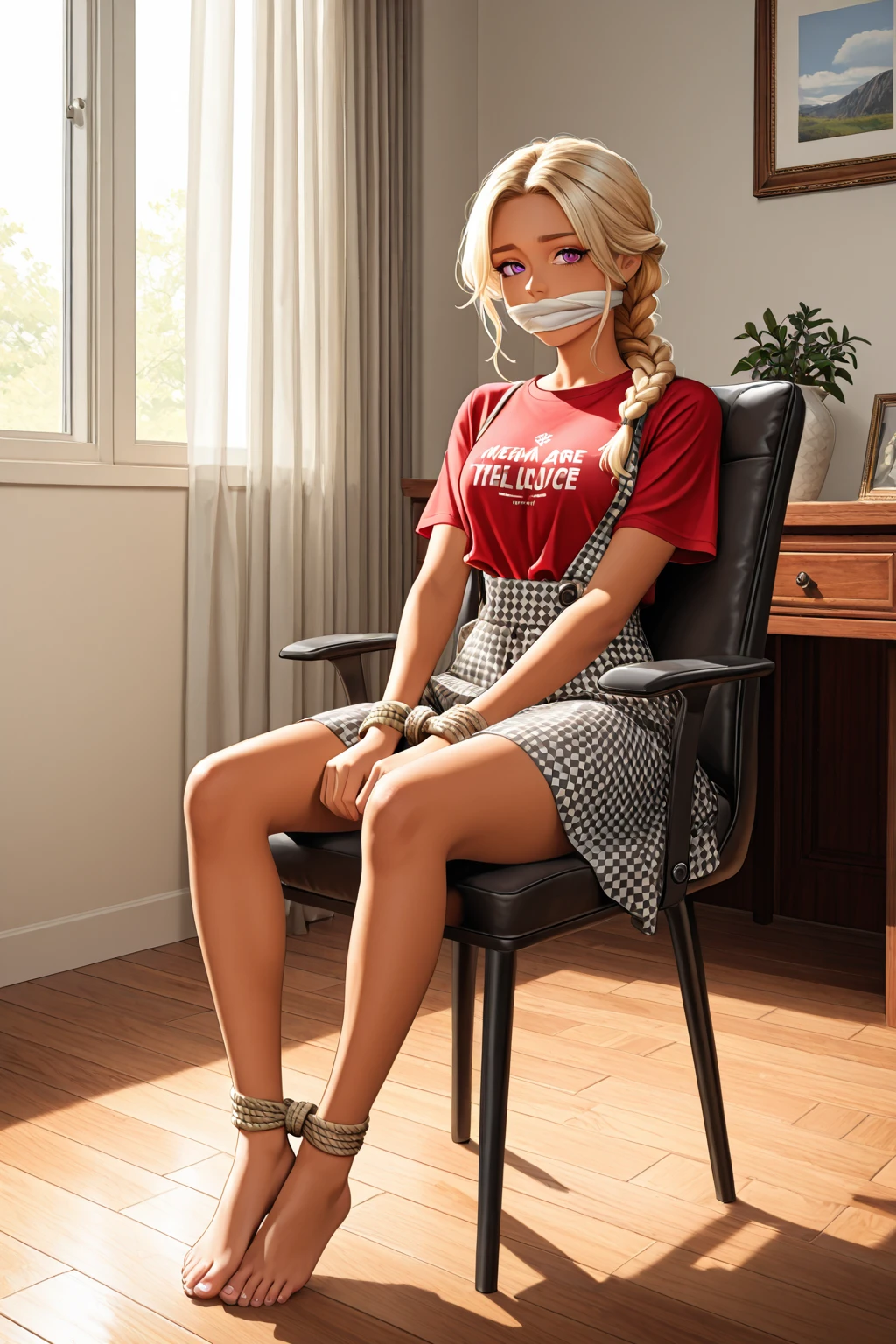 full body of (busty) brunette, ((tied up)), (tightly tied), ((( tied  hands to back, rope wraps around body))), wearing formal suit, elegant, classy, ((barefoot ))), (((tied ankles together with ropes))), (((sit tied to a chair))), (((tiptoe))), (((perfect feet))), (((show full body))), hourglass slim figure, best fitting long pencil skirt, tight turtleneck top, waist belt, (tight skirt), big butt, wide hips, thick thighs, standing straight, seductive, breathtaking, skin texture, blonde, pantyhose, perfect skin, loft restaurant, highly detailed, fit model, struggling, natural colors, natural lighting, muted colors, 8k, professional photo, transgressive art, (looking at camera)