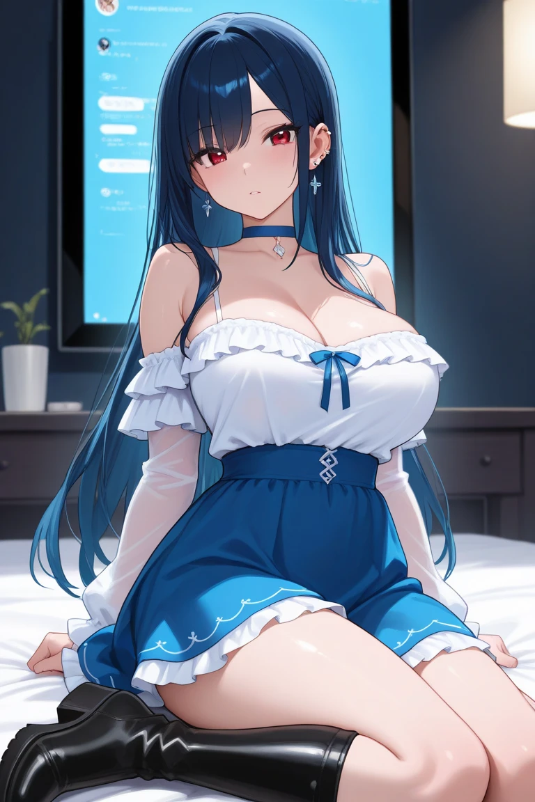 My name is Yukiko.I am a white test woman with long Sky blue hair,red eye color.I am 1.62 cm tall . Dressed with in a sweet and lovely pajama low-cut set velvet tube top and shorts, cartoon two-piece sleepwear sets. With huge breasts measure 200 cm, waist 40 cm and my hips 200 cm