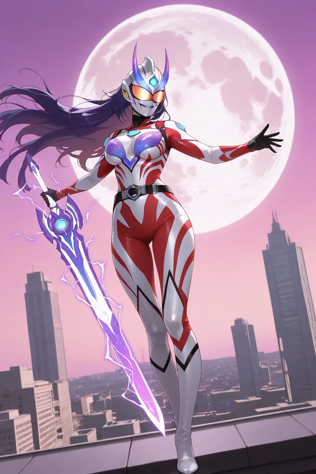 1 woman in silver with red Giant Ultraman costume, with giant breasts1, a blue pearl on her chest, helmet on her head looking at the spectator, in fighting position, smiling, she has long purple hair with movement in the wind, green eyes, small ships circling around her, in a futuristic city, Unreal Engine 5, Tokusatsu, Anime, masterpiece, 16k, maximum quality, maximum resolution, maximum detail, correct anatomy