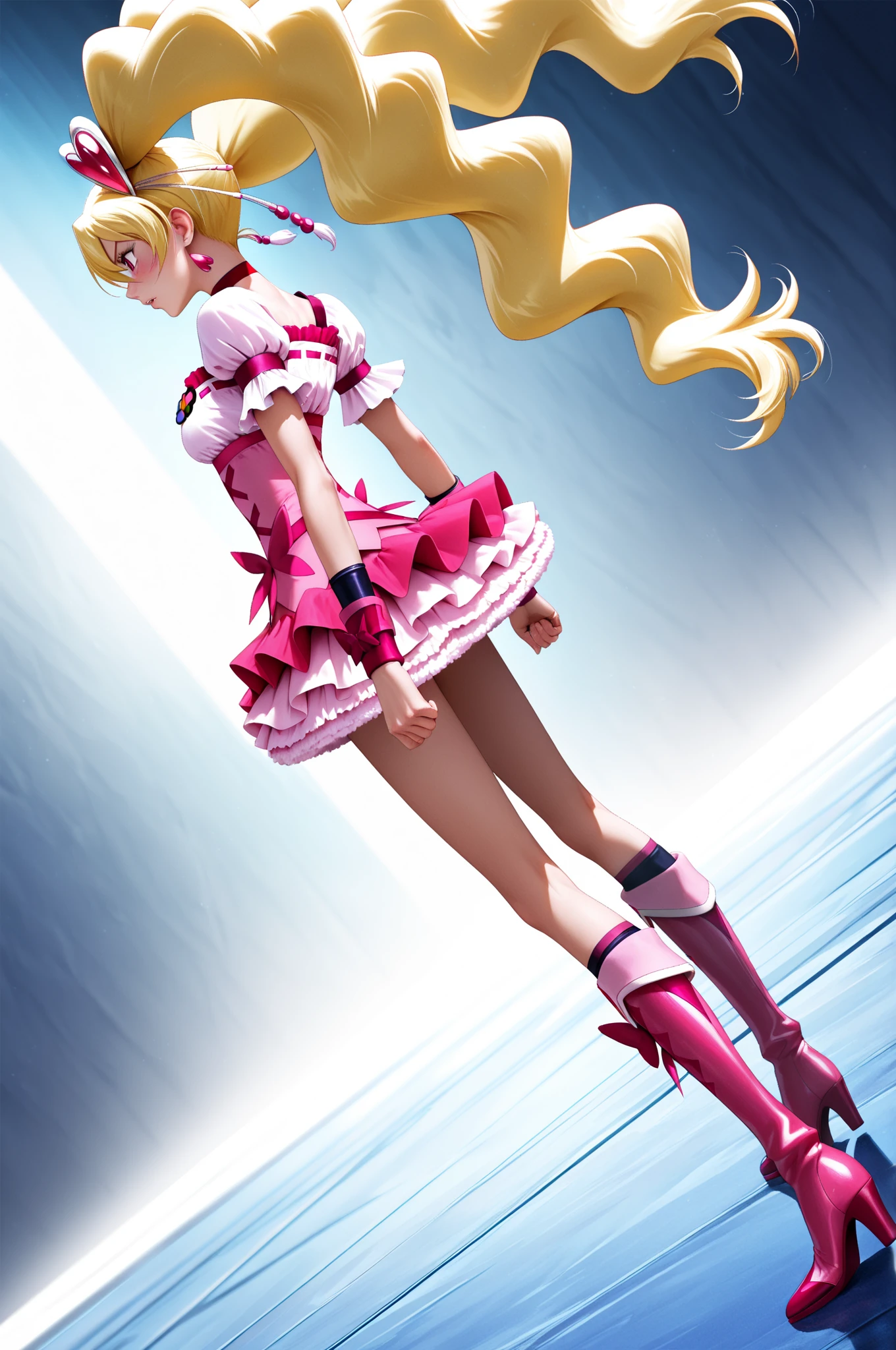 masterpiece, best quality, solo, 1girl,
Cure Blossom \(HeartCatch Pretty Cure\), HeartCatch Pretty Cure,
cowboy shot, Pretty smile,
pink shorts, pink wrist cuffs, gem, frills, pink choker, pink boots, pink skirt,
long ponytail, hand on forehead, hand on hip, standing, legs apart,foot on penis, panty,
(garden in the background), small hands,
1boy, penis, (cum:1.4), (footjob), Angle from below,