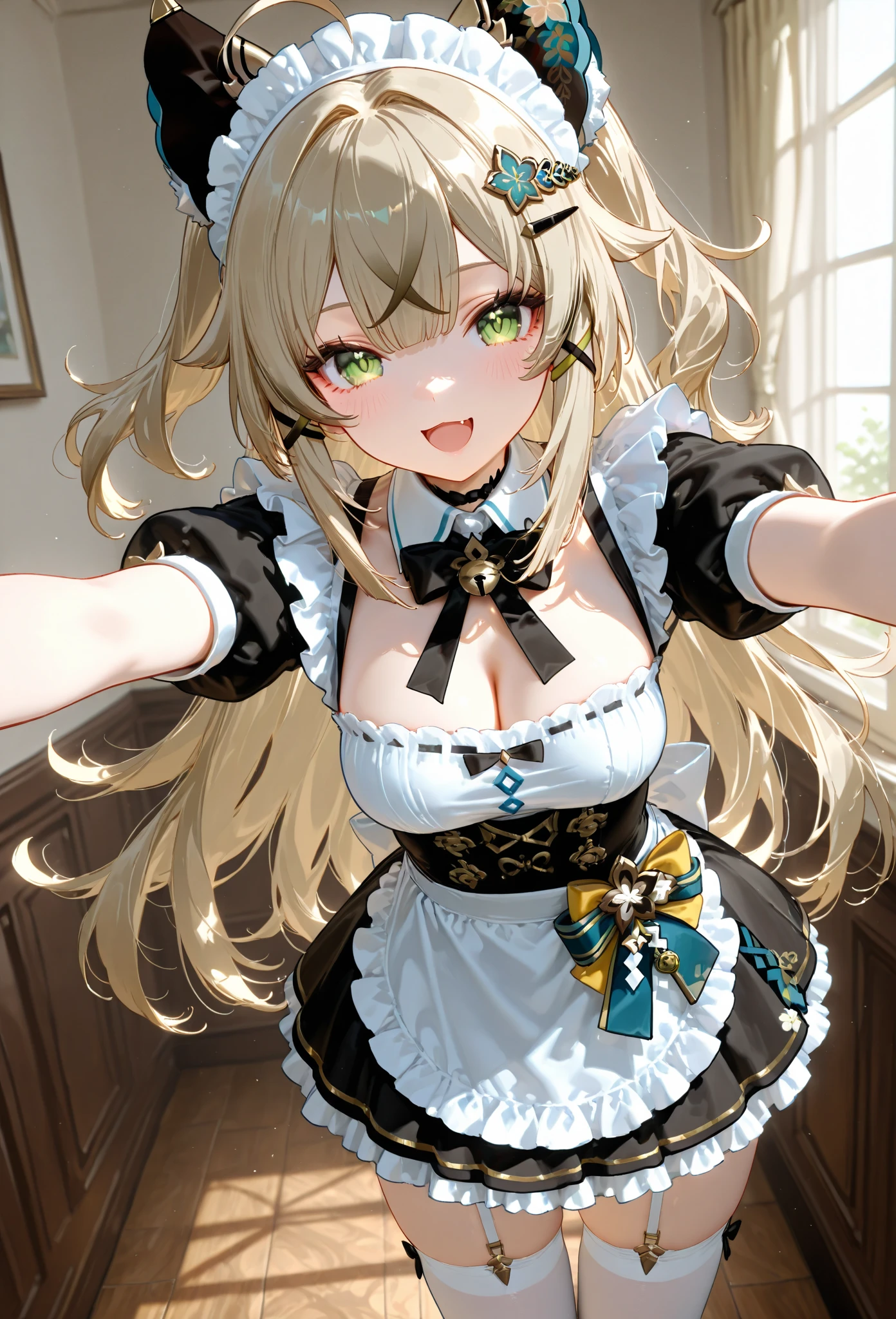 1girl, solo, long hair, breasts, looking at viewer, blush, smile, open mouth, bangs, blonde hair, dress, ribbon, cleavage, twintails, medium breasts, standing, yellow eyes, braid, short sleeves, :d, cowboy shot, frills, puffy sleeves, indoors, apron, black dress, twin braids, puffy short sleeves, wrist cuffs, maid, hands up, maid headdress, window, neck ribbon, frilled dress, waist apron, white apron, maid apron, frilled apron, claw pose, carpet, chandelier, ((32k)), ((best quality)), ((ultra high res)), ((HDR)), ((UHD)), ((extremely detailed CG)), ((unity 32k wallpaper)),