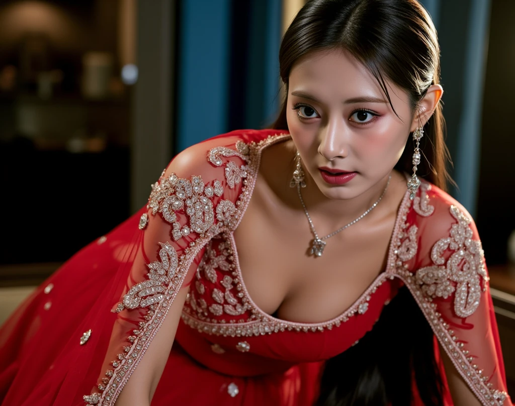 Manhua. A woman, wearing a traditional Chinese red dress, long sleeves, flowing red silk. Long flowing black hair, stylish, surrounding background with winding vines, hand holding an iron chain, very beautiful. fantasy world. Cinematic light, ethereal light, intricate detail, ultra detail, incredible detail, full color, intricate detail, extremely detailed and intricate, super maxed, ultra detailed with rich colors. masterpiece, best quality, aerial view, HDR, UHD, unreal engine. plump looking at the lens, (sparkling jewelry) ((acrylic illustration, by artgerm, by kawacy, by John Singer Sargenti) Dark virtual background, sparkling jewelry, Representation, white skin, beautiful face, Rich in details High quality, gorgeous, captivating, 8k, super detailed, stunning lights and shadows, detailed decorations, detailed lines