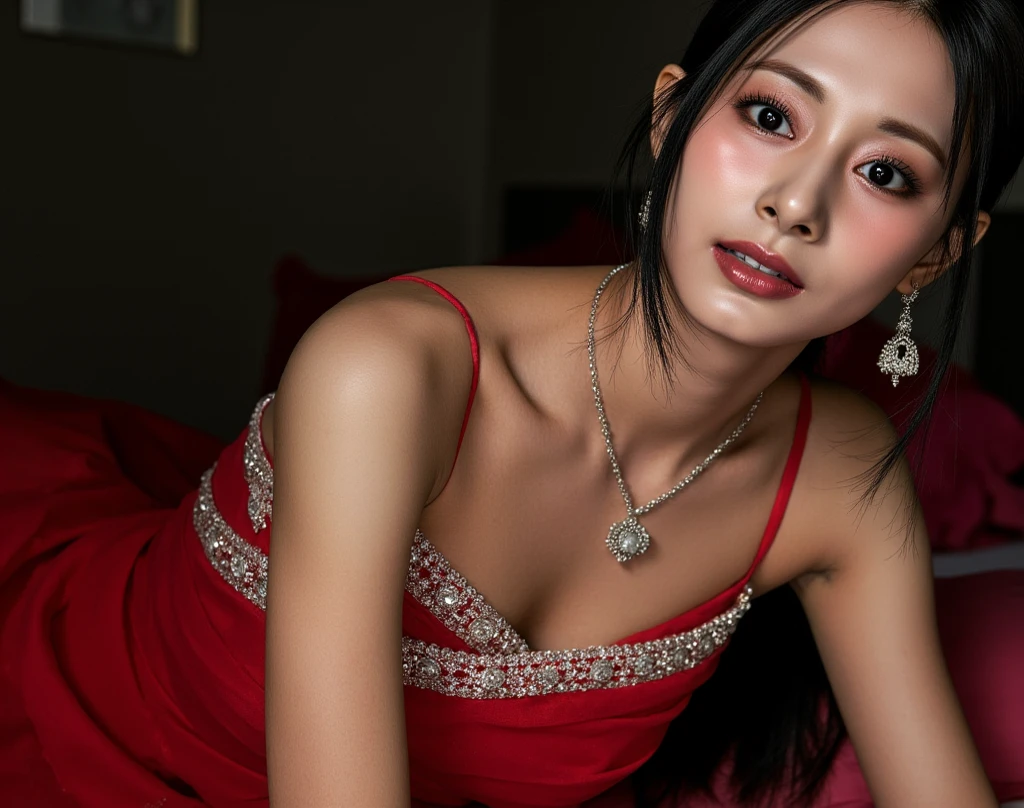 A breathtaking Chinese beauty, wrapped in red silk that seems to hug every curve of her slender body, faces the camera with a look full of seduction and mischief. Seus olhos escuros cintilam com um brilho travesso, while a light smile plays on her red lips like ripe cherries. She is the embodiment of oriental elegance, uma deusa entre mortais, desafiando os limites do desejo com cada movimento gracioso