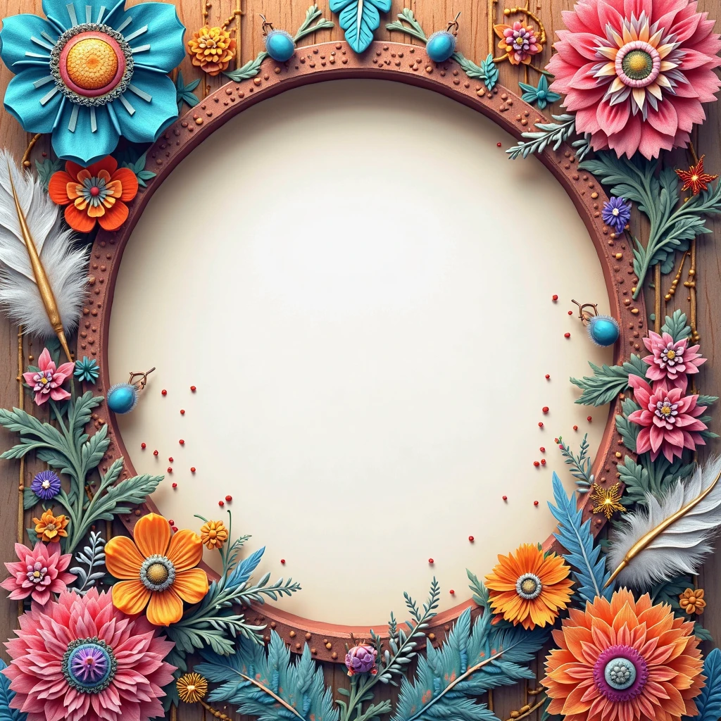 A colorful bohemian-style profile frame, decorated with feathers, mandalas, and tribal patterns. Soft pastel tones, natural textures like wood or fabric, and a transparent center for profile image. Whimsical and artistic feel