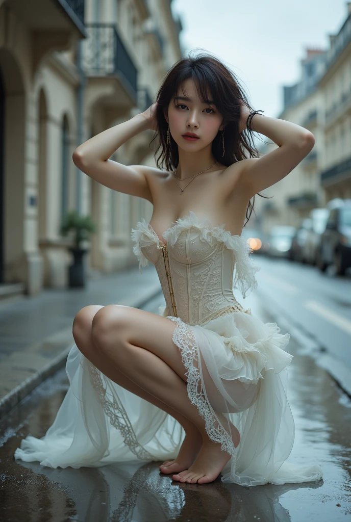 ((midynight, Need, 8K, tmasterpiece:1.3)), full bodyesbian, Long legs, Focalors:1.2, perfect figure beautiful woman:1.4, Slim abs:1.1, ((Dark brown hair, huge tit:1.2 )), (Lingerie transparent, transparent panty, standing on your feet:1.2), ((urban street scene, the roof:1.3)), Highly detailed facial and skin texture, A detailed eye, 二重まぶた