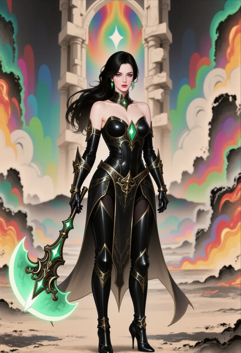 mysterious border, light skinned desi young adult woman in rogue clothing with short black straight hair parted to a side, she has green eyes, no makeup, she is holding a black dagger, she is standing in front of a black moon with a background of darkness, good anatomy, dynamic pose, good proportions, modern style, vector, highly detailed, intricate, masterpiece, realistic, professional, Dark Fantasy, d&d,(centered), (well framed), vector-art, gradient color, detailed, realistic, professional art masterpiece, (Art Nouveau), Illustration by Alphonse Mucha, (vector-art:1.1) Negative prompt