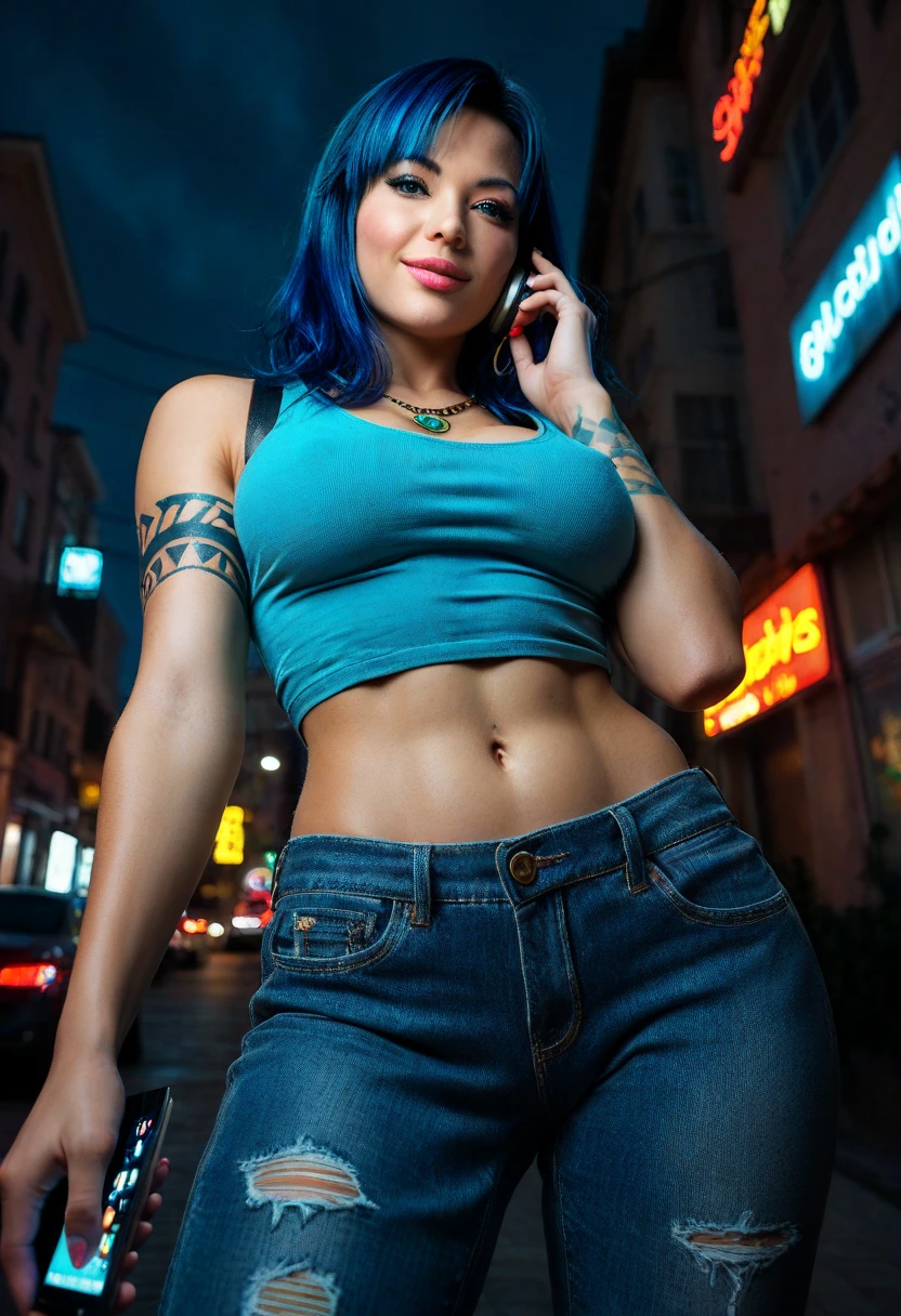 Sexy Curvy woman in punk aesthetic skirt and top with blue hair tattoos and piercings