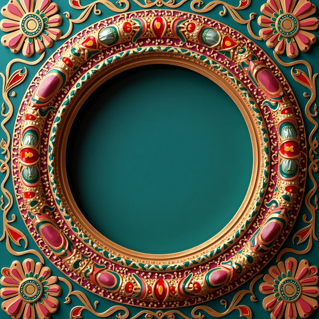 “A vibrant traditional Indian-style profile frame featuring motifs like paisleys, lotuses, temple patterns, and gold accents. Rich colors like maroon, saffron, and emerald. Circular shape with intricate craftsmanship and ethnic detailing.”