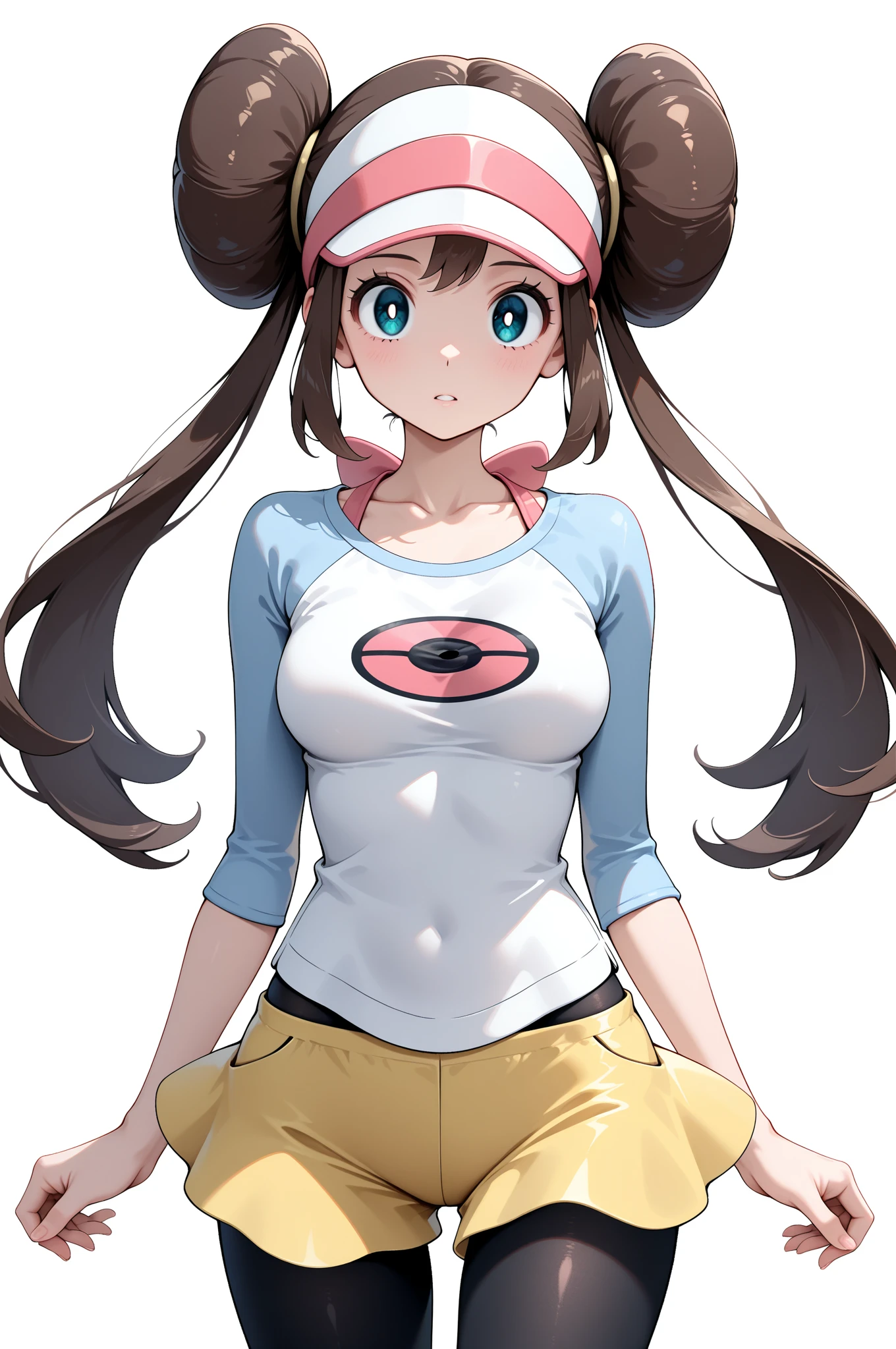 nsfw, nsfw, nsfw, angry, see throw under wear, masterpiece, highest quality, High resolution, RO1, Hair Bun, blue eyes, Twin tails, Visor Cap, pantyhose, Raglan sleeves, Yellow shorts, shirt, Pink ribbon, clock, Leaning forward, Gym, squat, 30 denier soft touch comfortable tights, See-through, squat, Leg spread, Thighs, Attractive thighs,