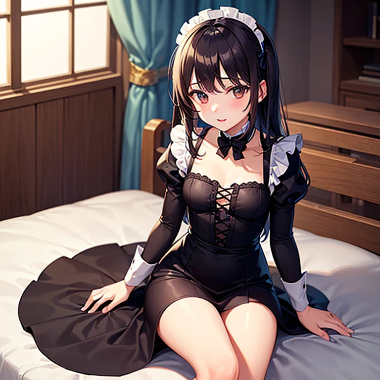 solo, (korean:1.2),1 girl, (sharp focus:1.4), (photorealistic:1.4), (intricate maid clothes:1.4), white maid apron, layered clothes, puffy sleeves, (doggy position), barefoot, face focus, on the bed, (black leather choker ), long hair, brown hair, curvy wave half twin tails, hair ties, indoors, cozy bed, (smile:1.1), (realistic humid skin:1.2), (beautiful face:1.1), detailed eyes, detailed face,(breasts:1.2), black eyes, depth of field, best quality, ultra high res, (photorealistic:1.4), (ulzzang-6500:1.0),((puffy eyes)), full body, (pink lipstick,:1.1) HIMIKO TOGA
