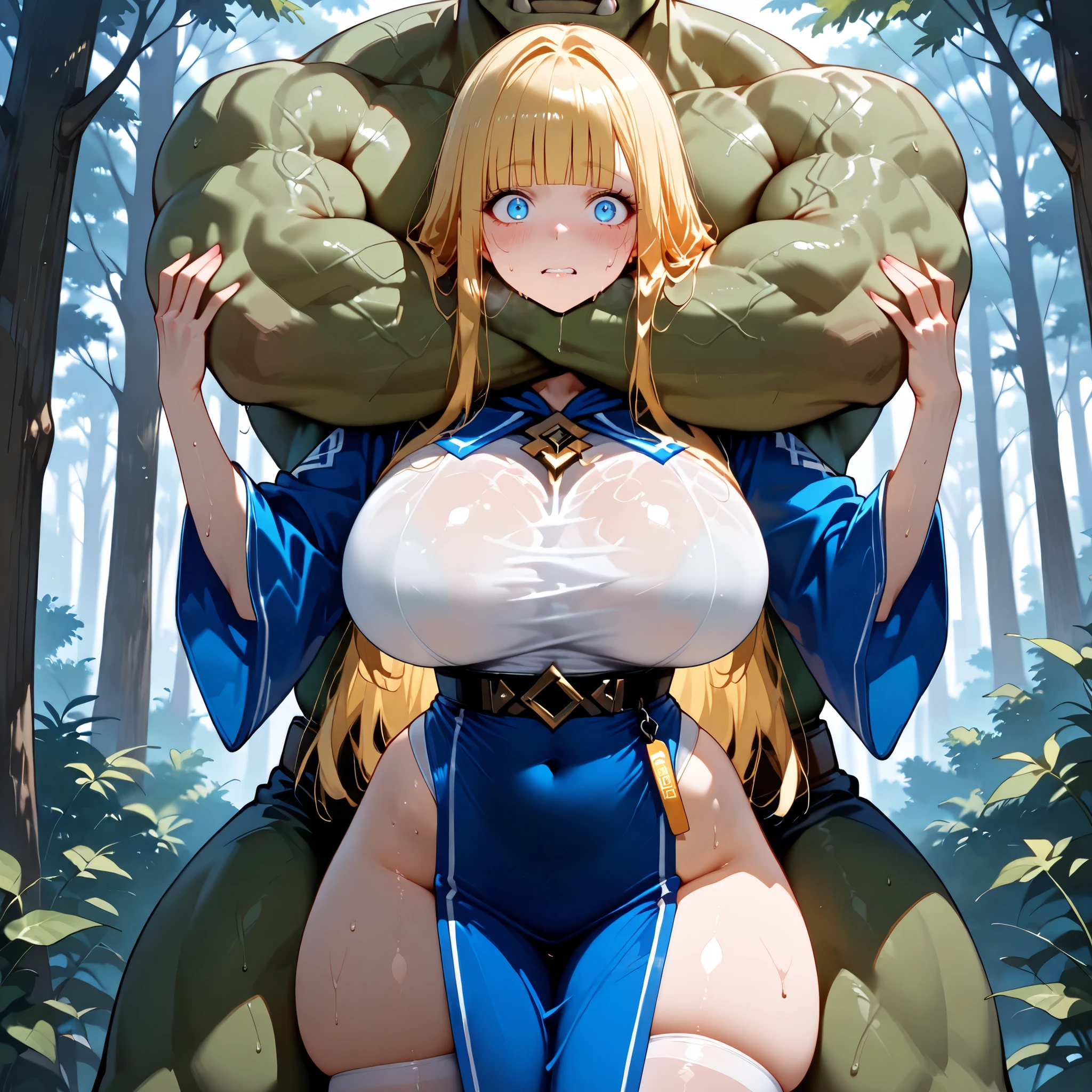 masterpiece, best quality, illustration, highly detailed, Enome, length hair, blonde hair, floating hair, hair detailed, large breasts, breasts out, beautiful detailed eyes, cleavage, snake, (coiled), (python), snake scales detailed, restrained, scared face, milk dripped from her nipples