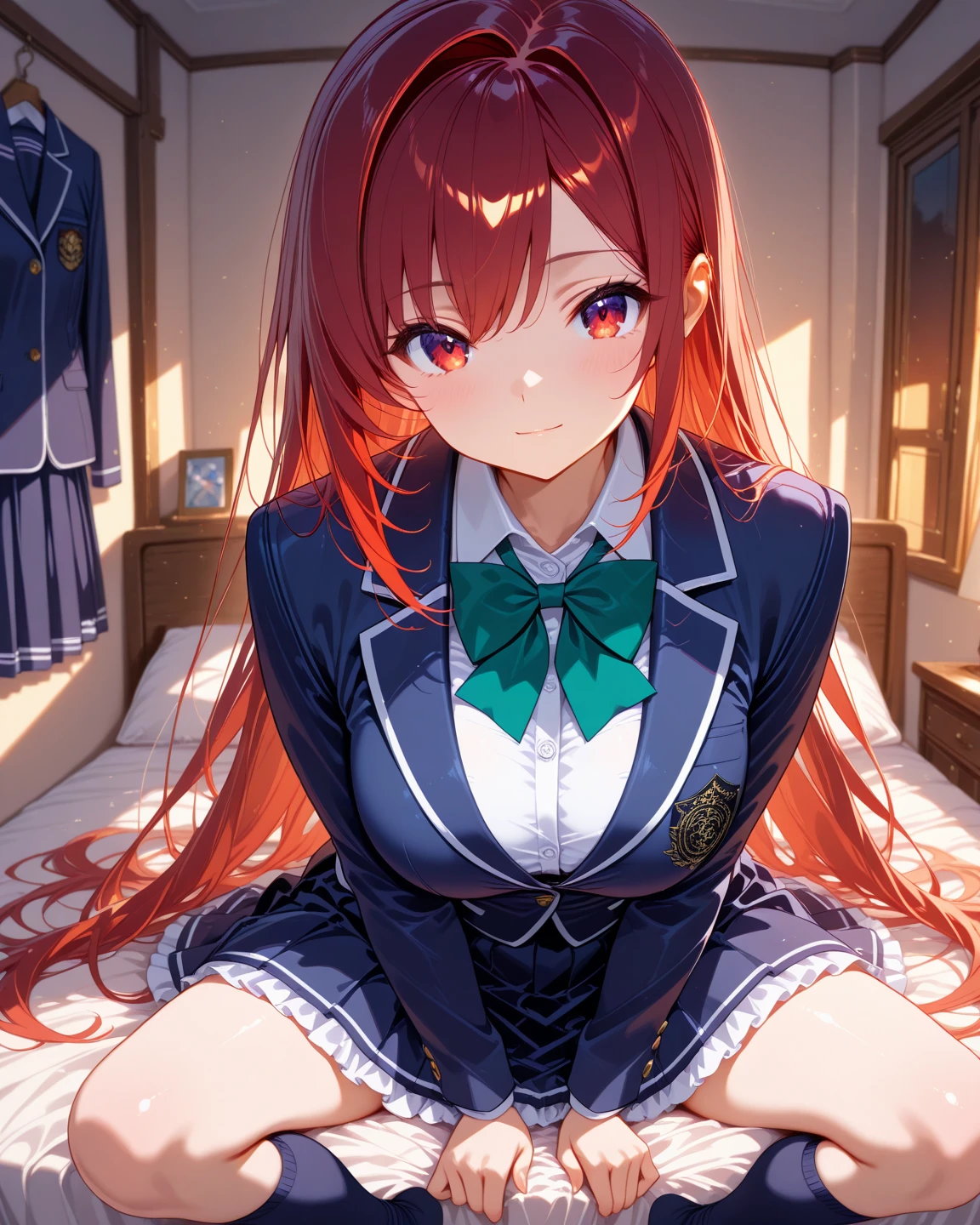 meakurosaki, <lyco:meakurosaki-LYCORIStest:1>,
mea kurosaki, ahoge, blue eyes, braid, hair intakes, hair ornament, long hair, red hair, hair braid,
BREAK green skirt, plaid, plaid skirt, sainan high school uniform, school uniform, skirt, shirt, white shirt, sweater vest, (yellow sweater vest:1.5),
BREAK looking at viewer,
BREAK indoors, classroom,
BREAK <lora:GoodHands-vanilla:1>, (masterpiece:1.2), best quality, high resolution, unity 8k wallpaper, (illustration:0.8), (beautiful detailed eyes:1.6), extremely detailed face, perfect lighting, extremely detailed CG, (perfect hands, perfect anatomy),