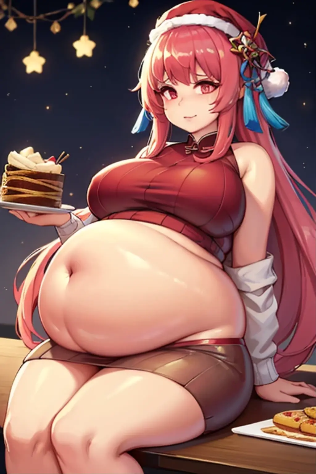 fat, large belly, standing, fat belly, very fat, large stomach, chubby, Junko Enoshima, very fat, safe for work, obese, giant belly, fat, huge, heavy, very fat, safe for work, fat, large belly, standing, grabbing belly, very fat, large stomach, chubby (best quality, masterpiece), Christmas, wearing sweater, eating, sitting down, table full of food, cookies, eating cookies, very fat, Christmas season, Christmas time, Christmas season, holidays, Christmas sweater